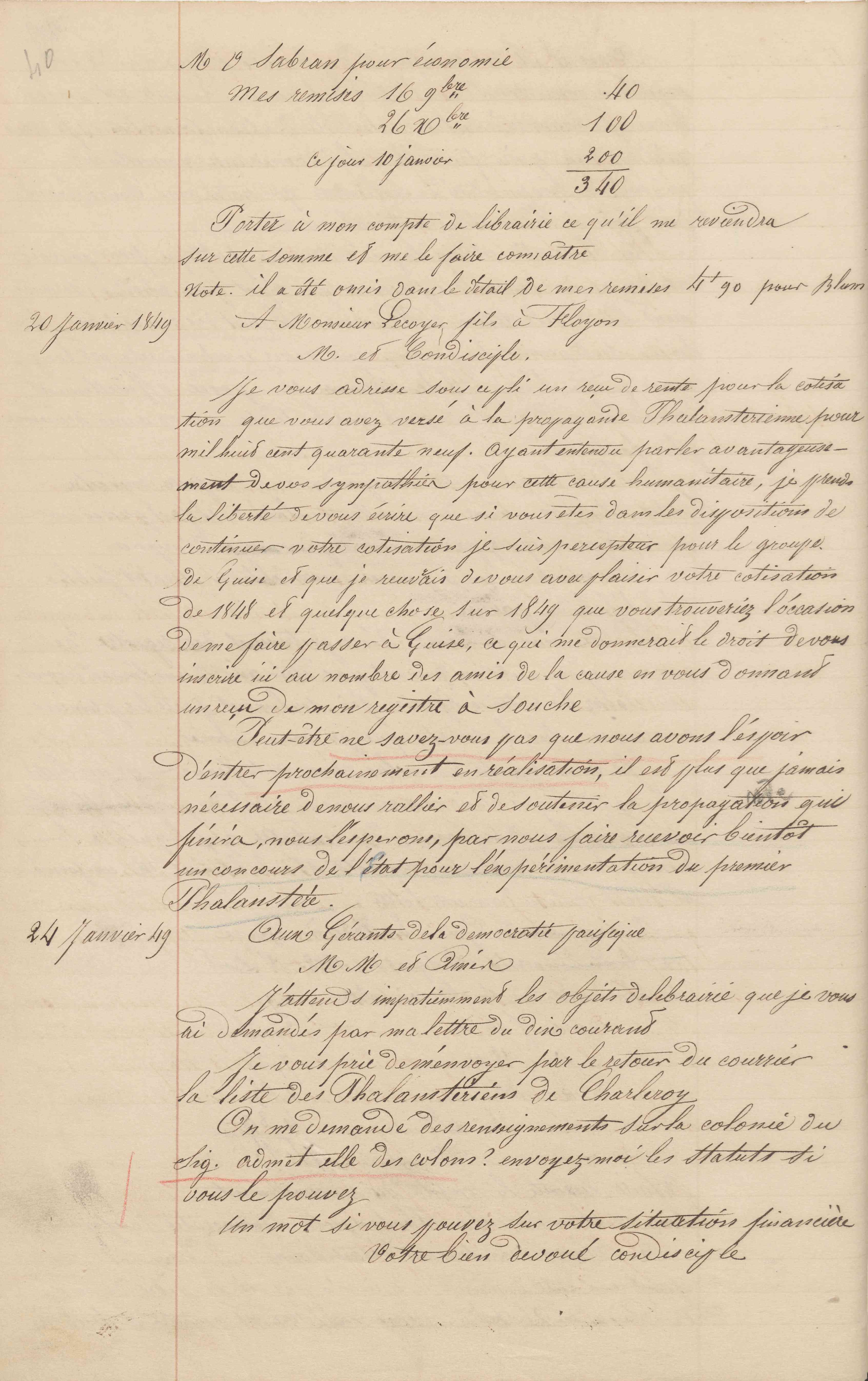 Jean-Baptiste André Godin aux gérants de La Démocratie pacifique, 24 janvier 1849