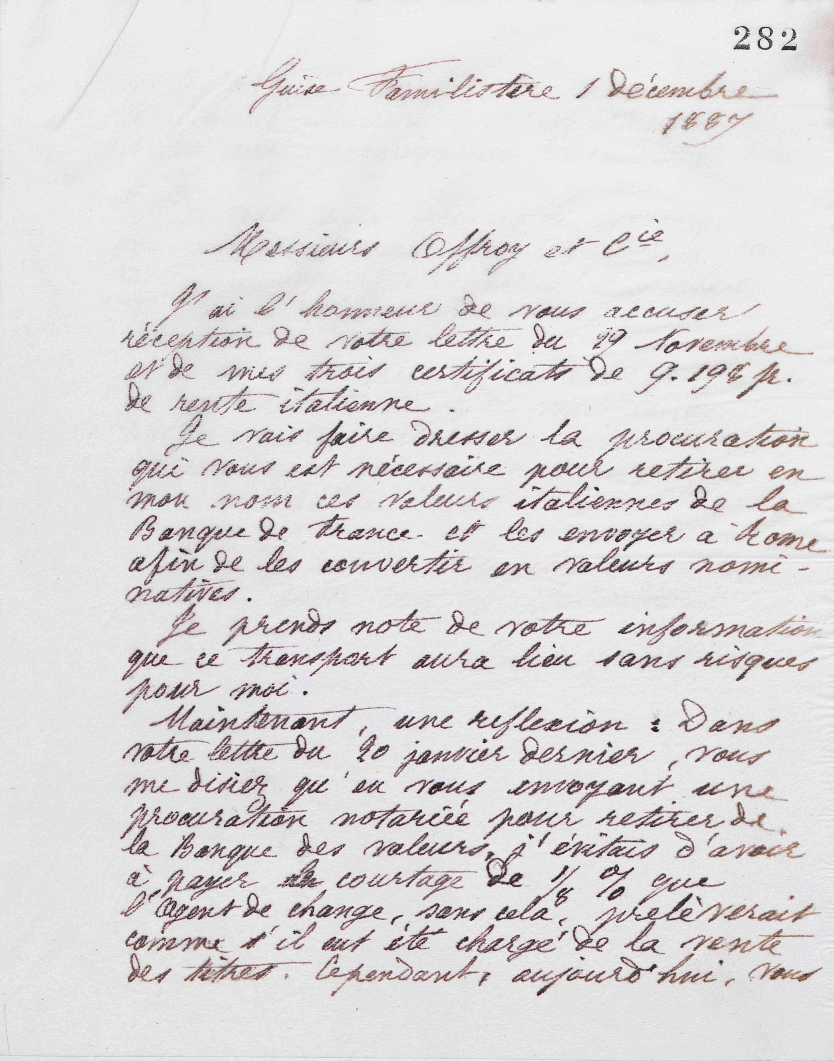 Marie Moret à Offroy et Cie, 1er décembre 1887 Marie Moret à Offroy et Cie, 1er décembre 1887