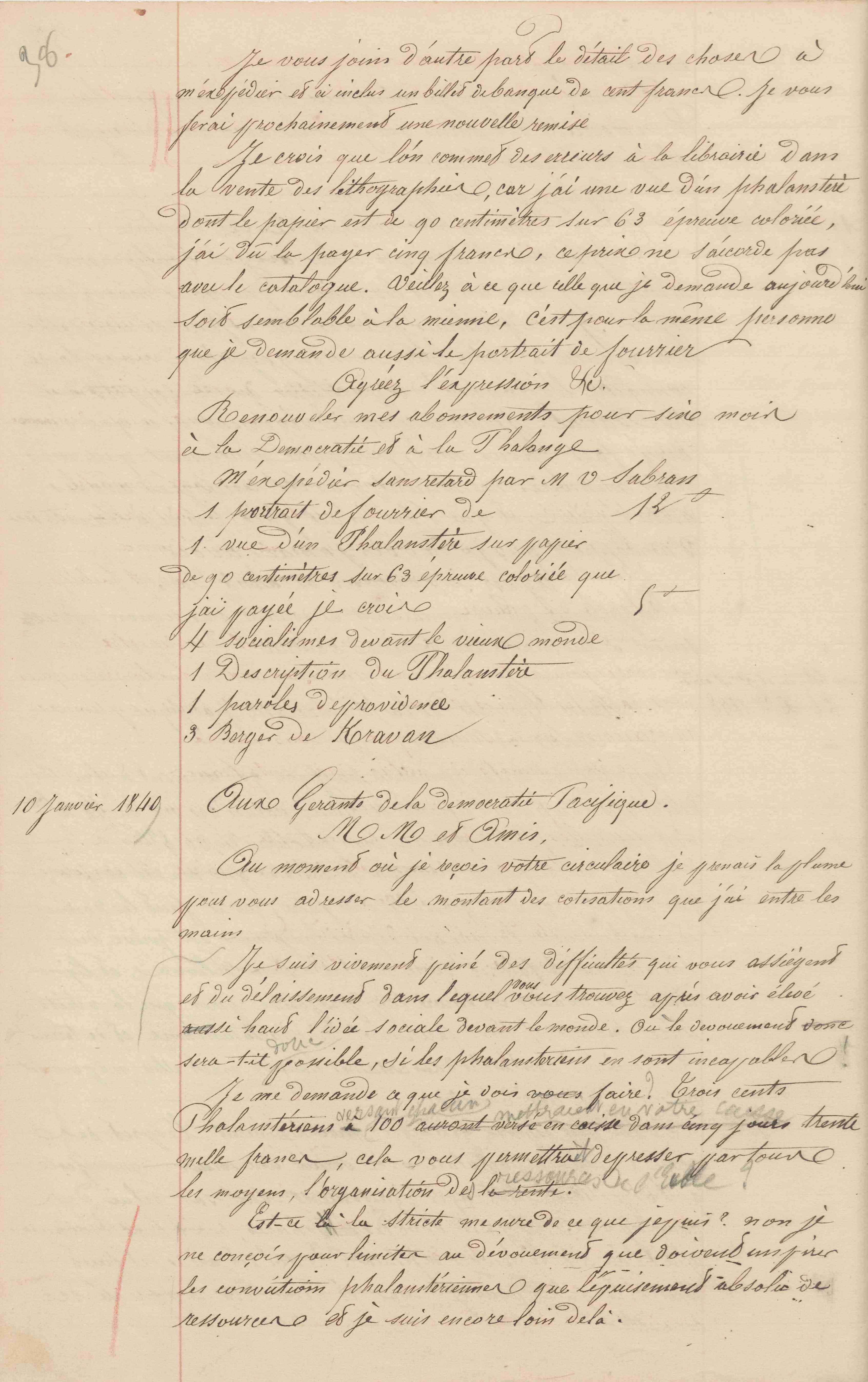 Jean-Baptiste André Godin aux gérants de La Démocratie pacifique, 10 janvier 1849