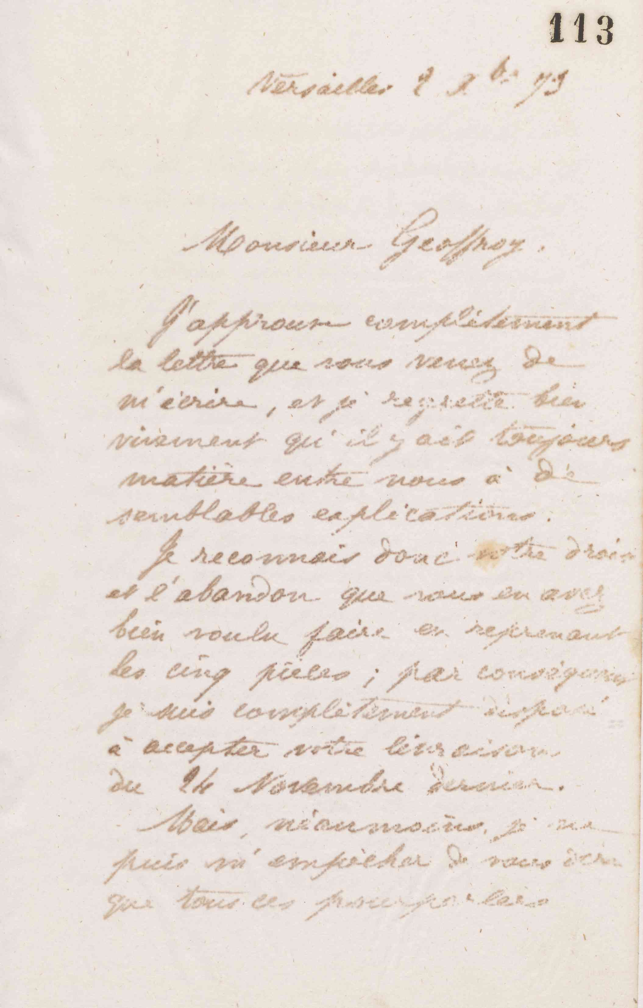 Jean-Baptiste André Godin à monsieur Geoffroy, 2 décembre 1873