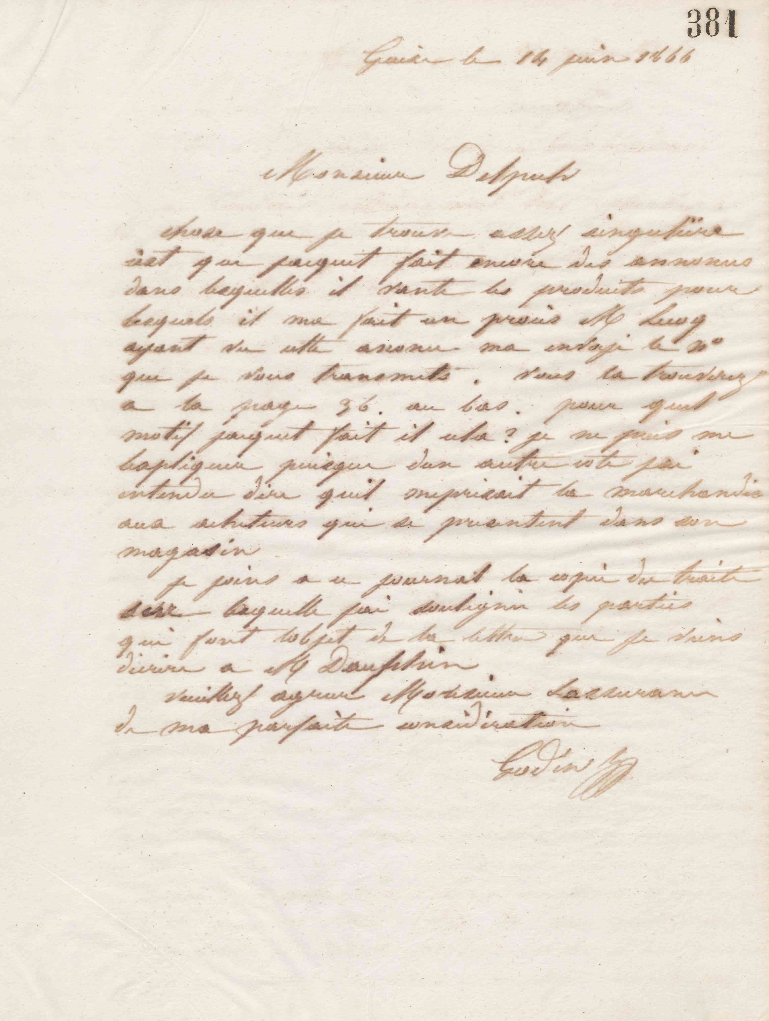 Jean-Baptiste André Godin à Alphonse Delpech, 14 juin 1866