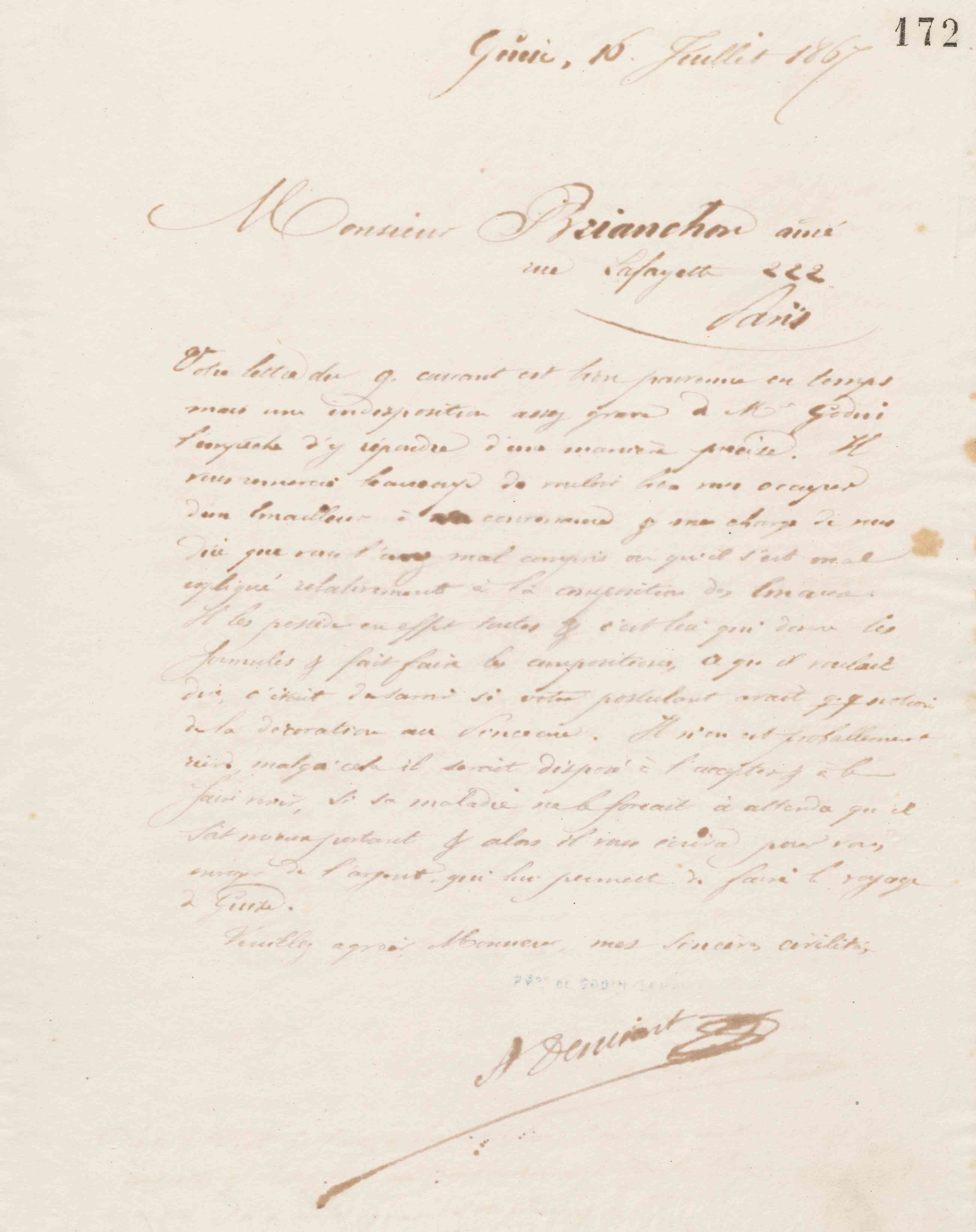 Jean-Baptiste André Godin à monsieur Brianchon, 16 juillet 1867