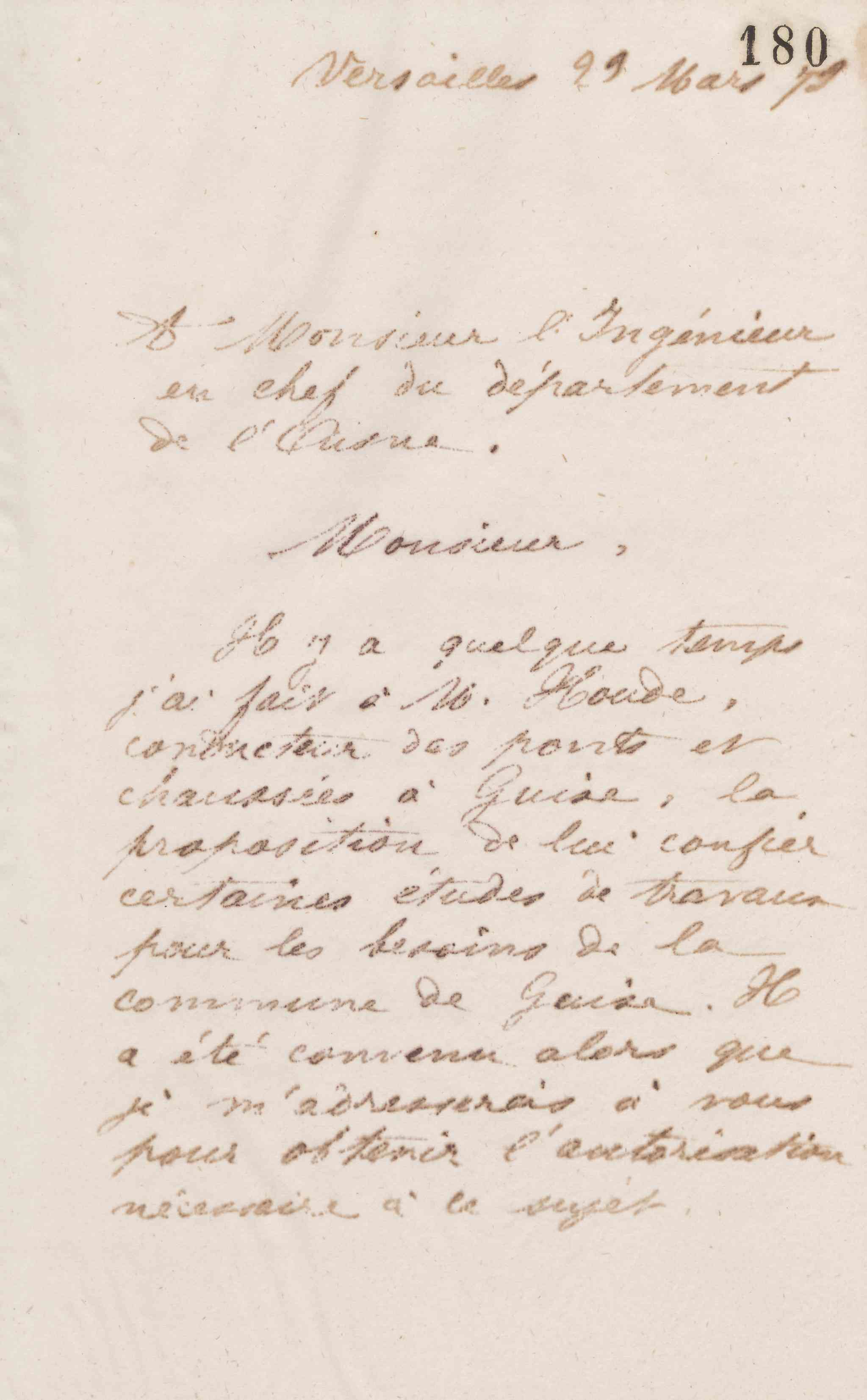 Jean-Baptiste André Godin à monsieur l'ingénieur en chef du département de l'Aisne, 23 mars 1873