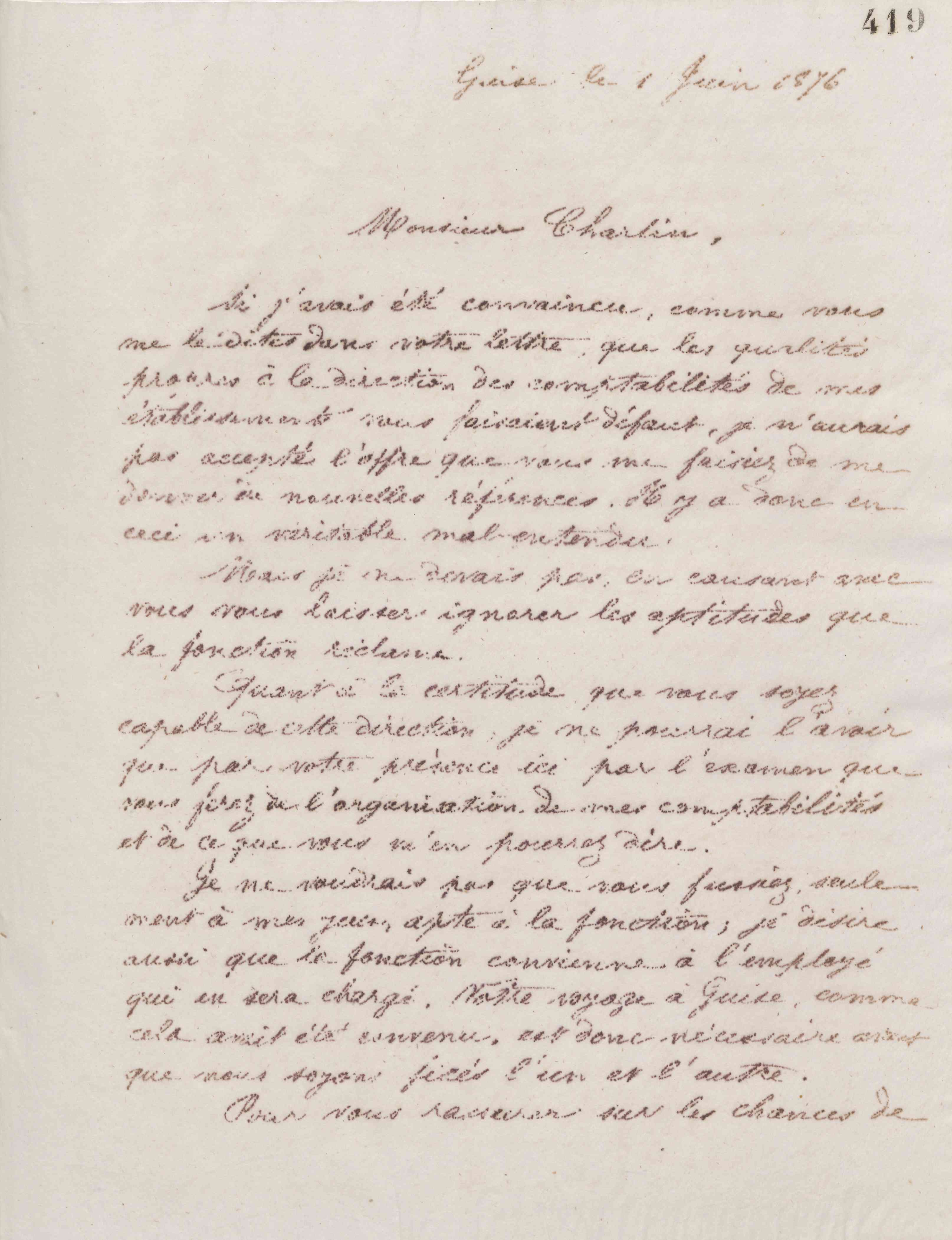 Jean-Baptiste André Godin à monsieur Charlin, 1er juin 1876