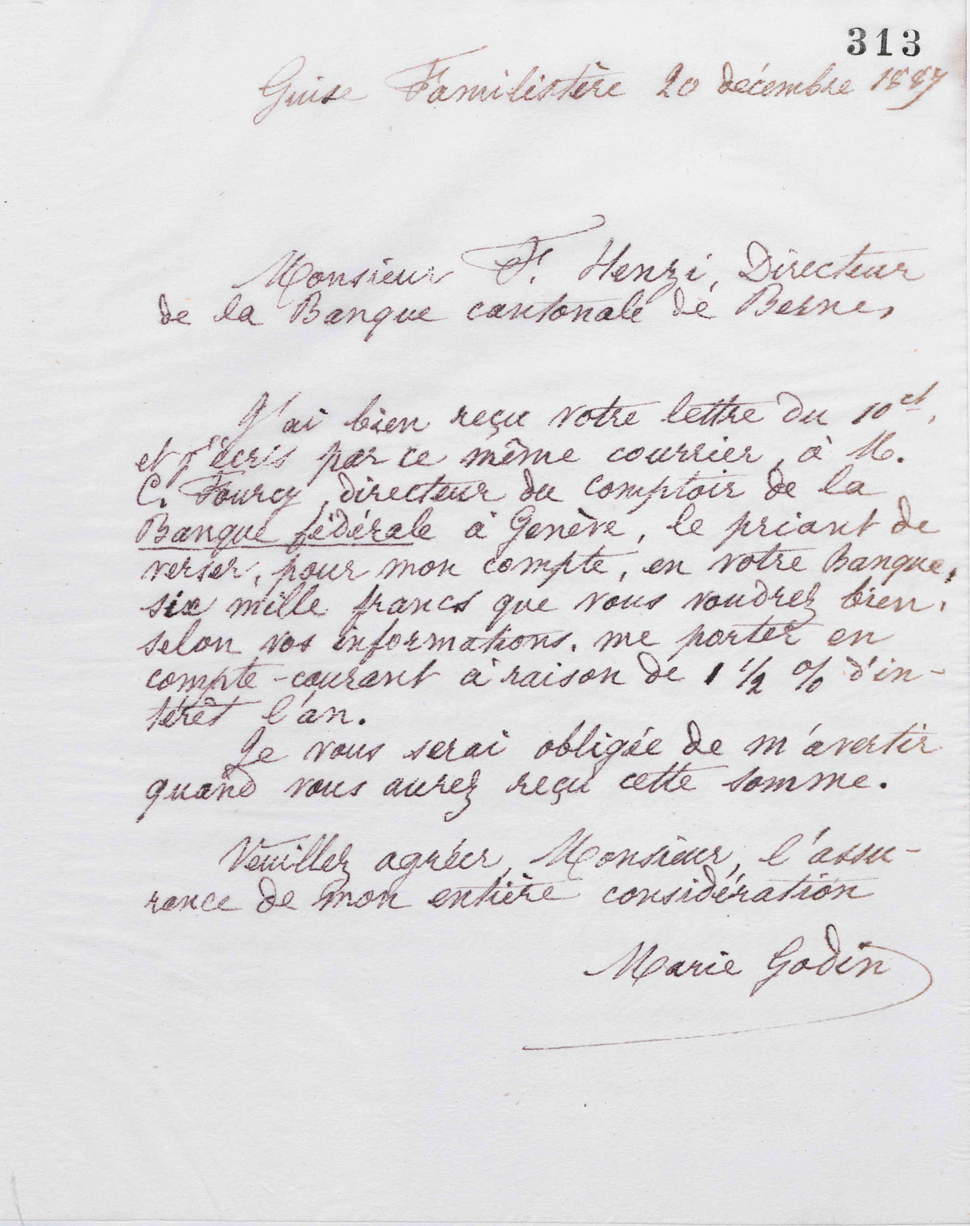 Marie Moret à François Henzi, 20 décembre 1887