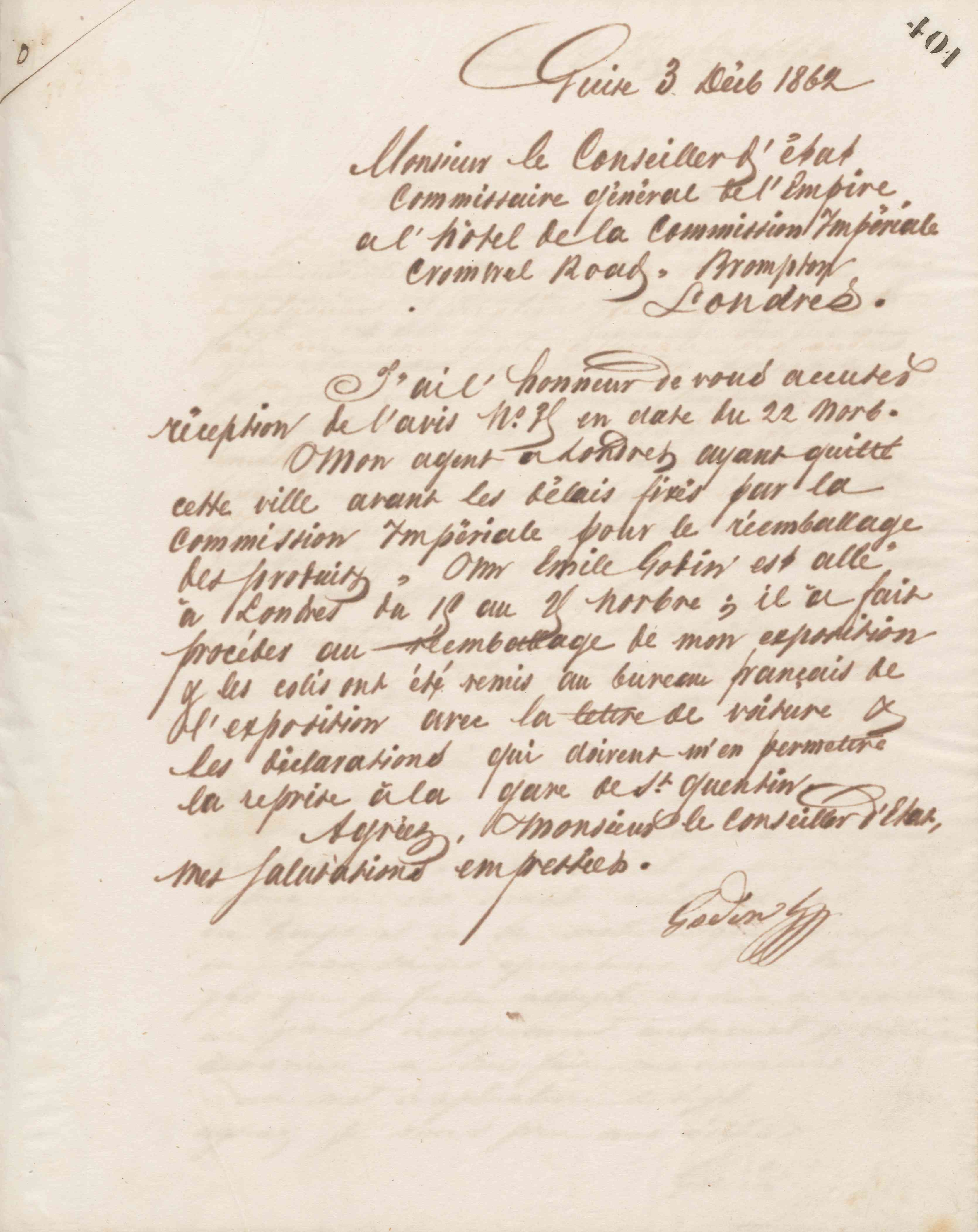 Jean-Baptiste André Godin à monsieur le conseiller d&#039;État, commissaire général de l&#039;Empire, 3 décembre 1862