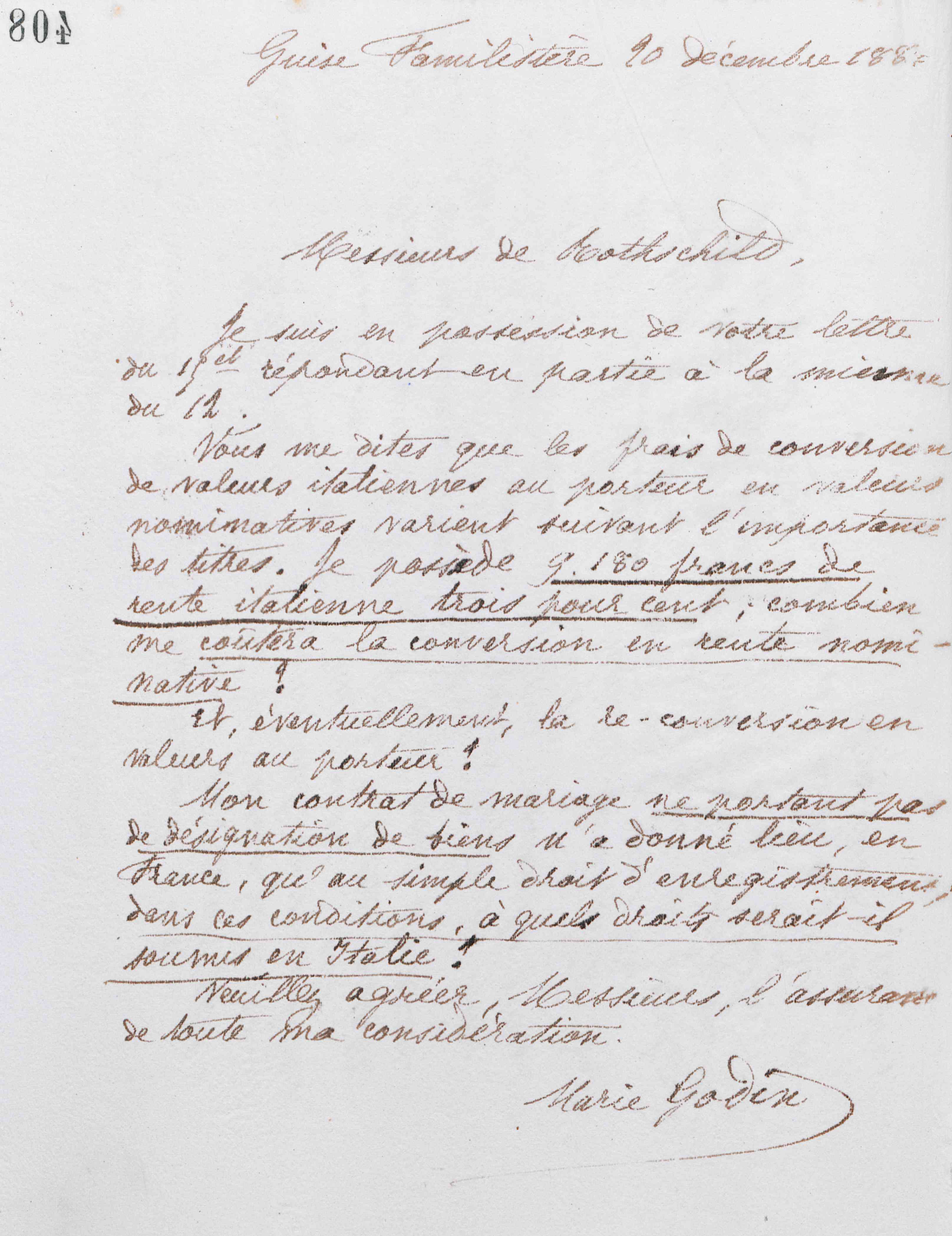 Marie Moret à Rothschild frères, 20 décembre 1887