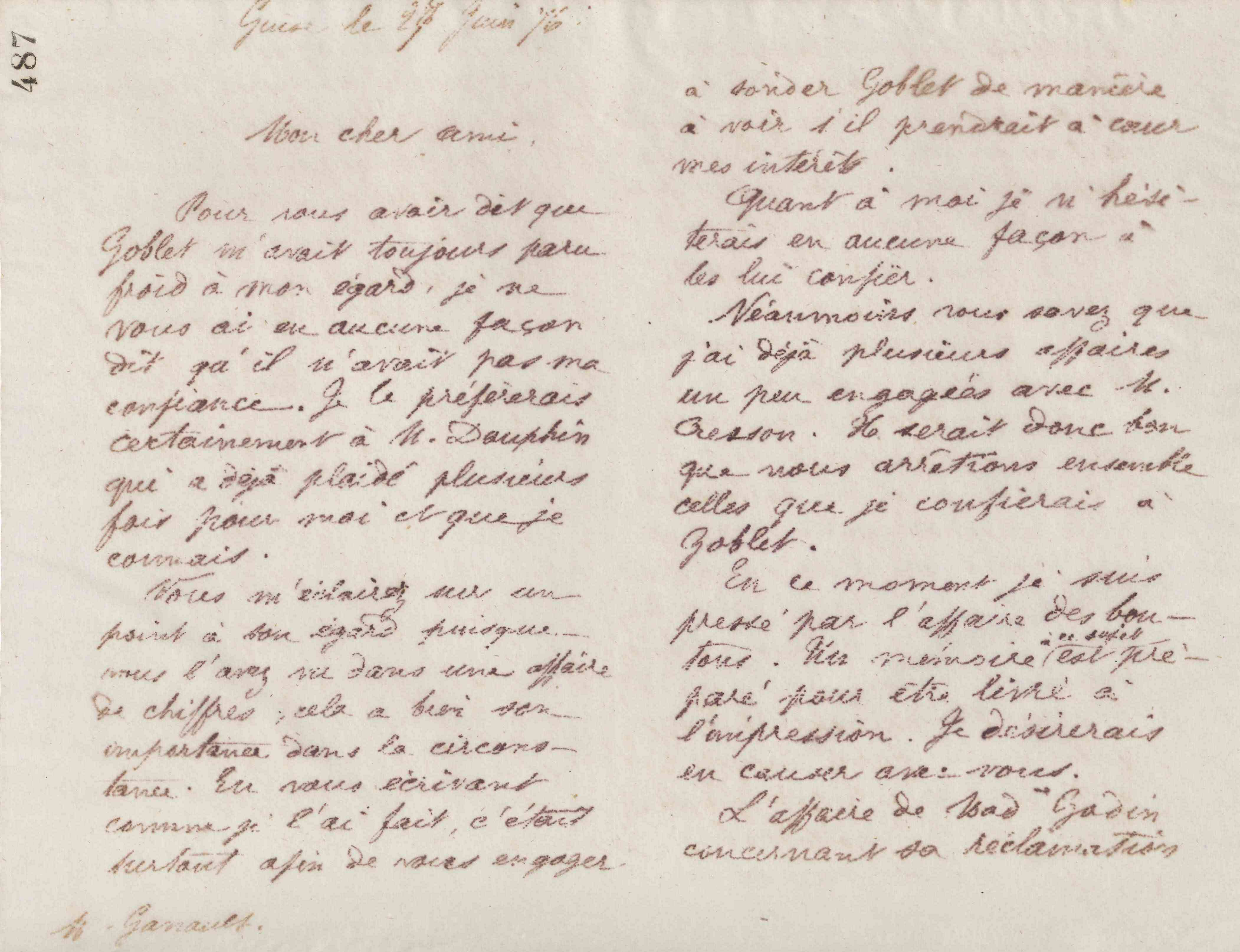 Jean-Baptiste André Godin à Gaston Ganault, 27 juin 1876