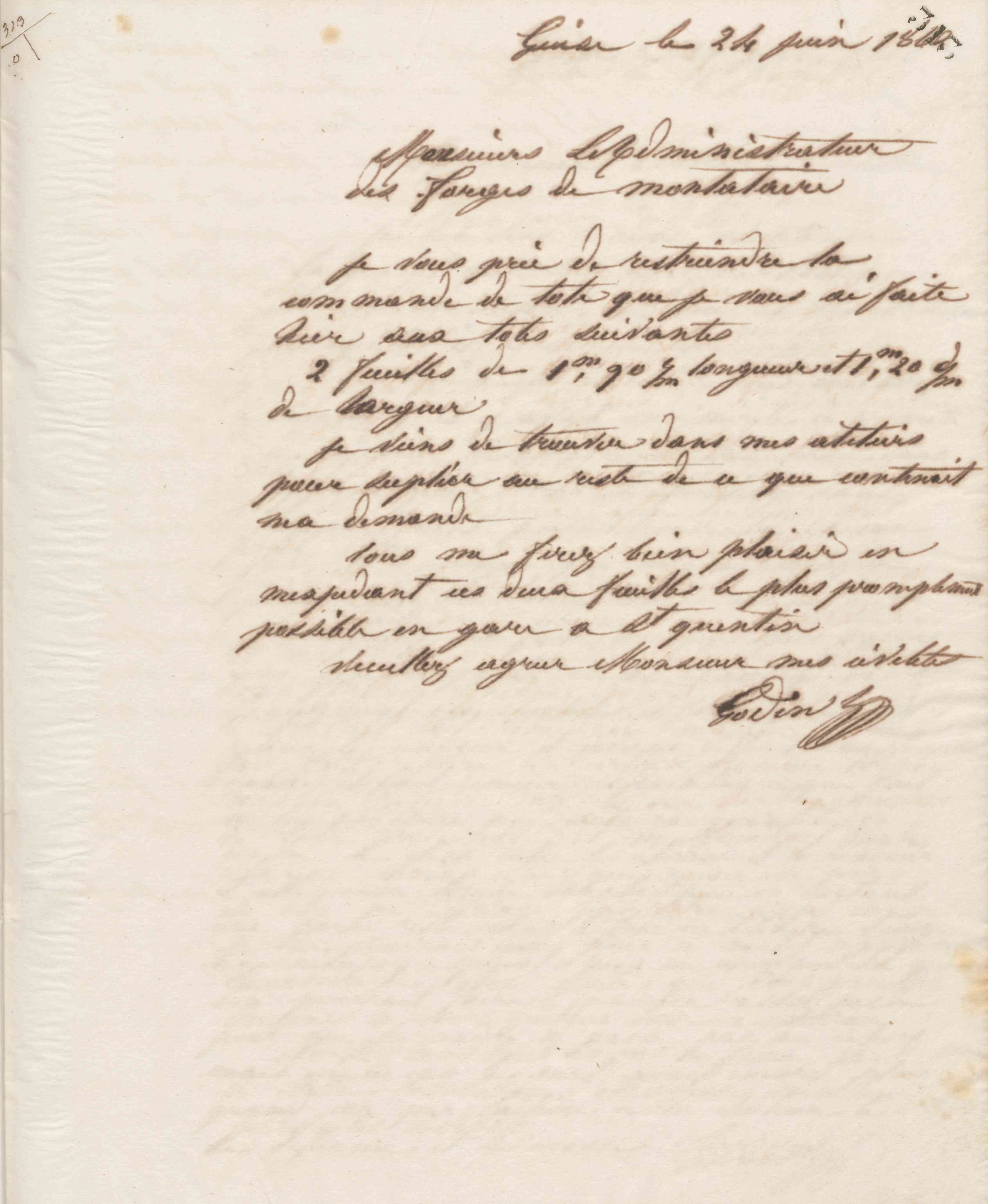 Jean-Baptiste André Godin à monsieur l&#039;administrateur des forges de Montataire, 24 juin 1862