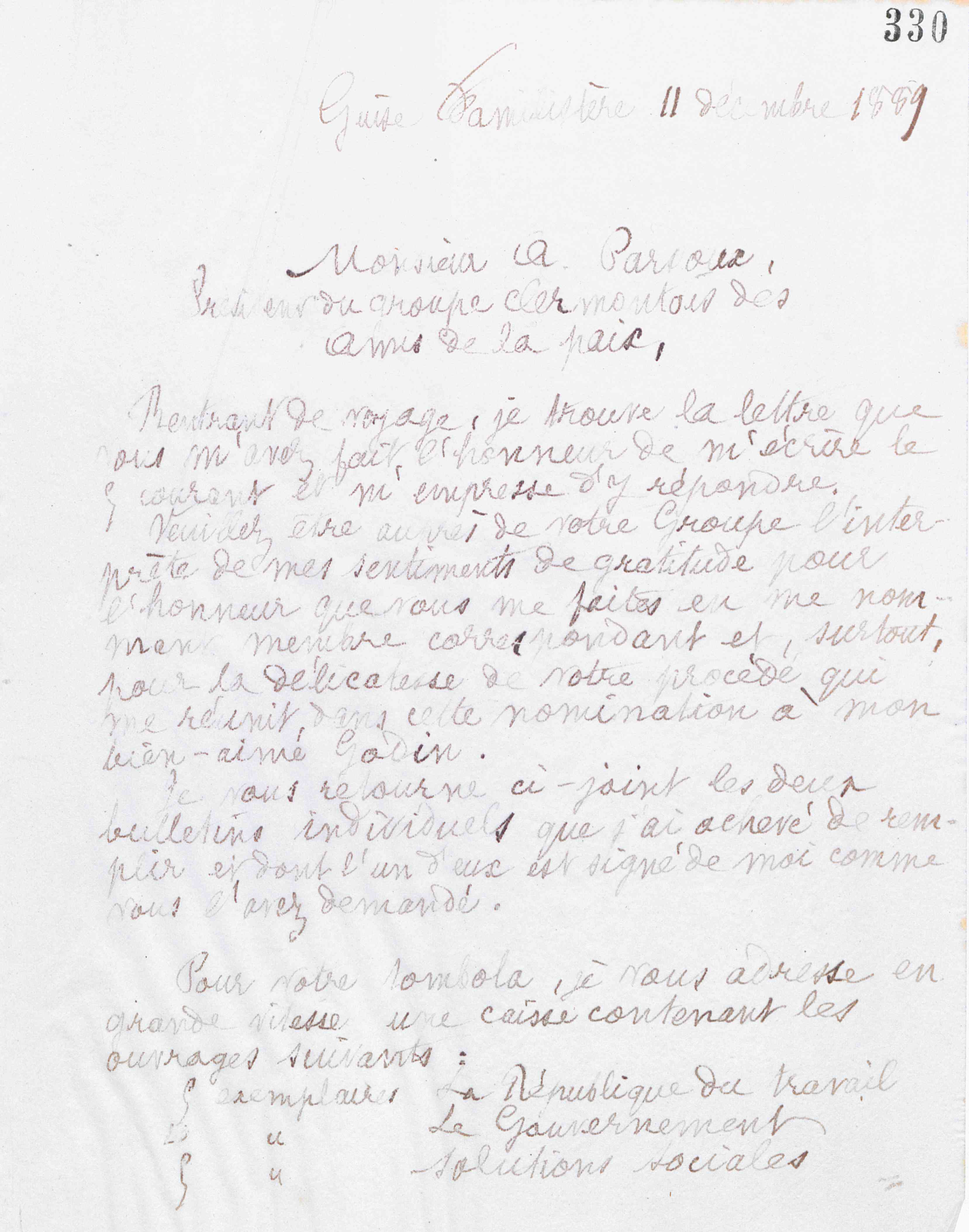 Marie Moret à monsieur A. Pardoux, 11 décembre 1889