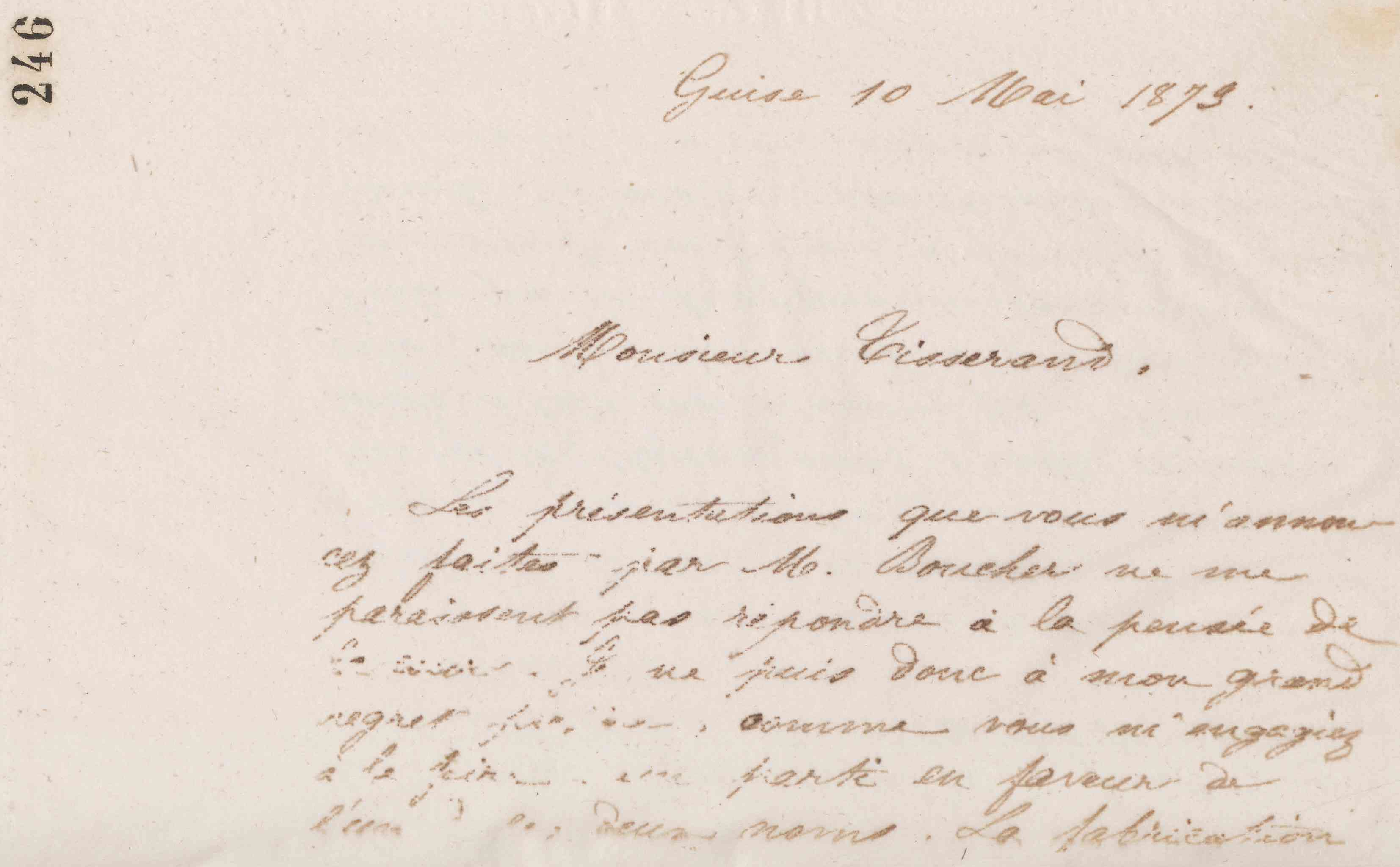 Jean-Baptiste André Godin à Alexandre Tisserant, 10 mai 1873