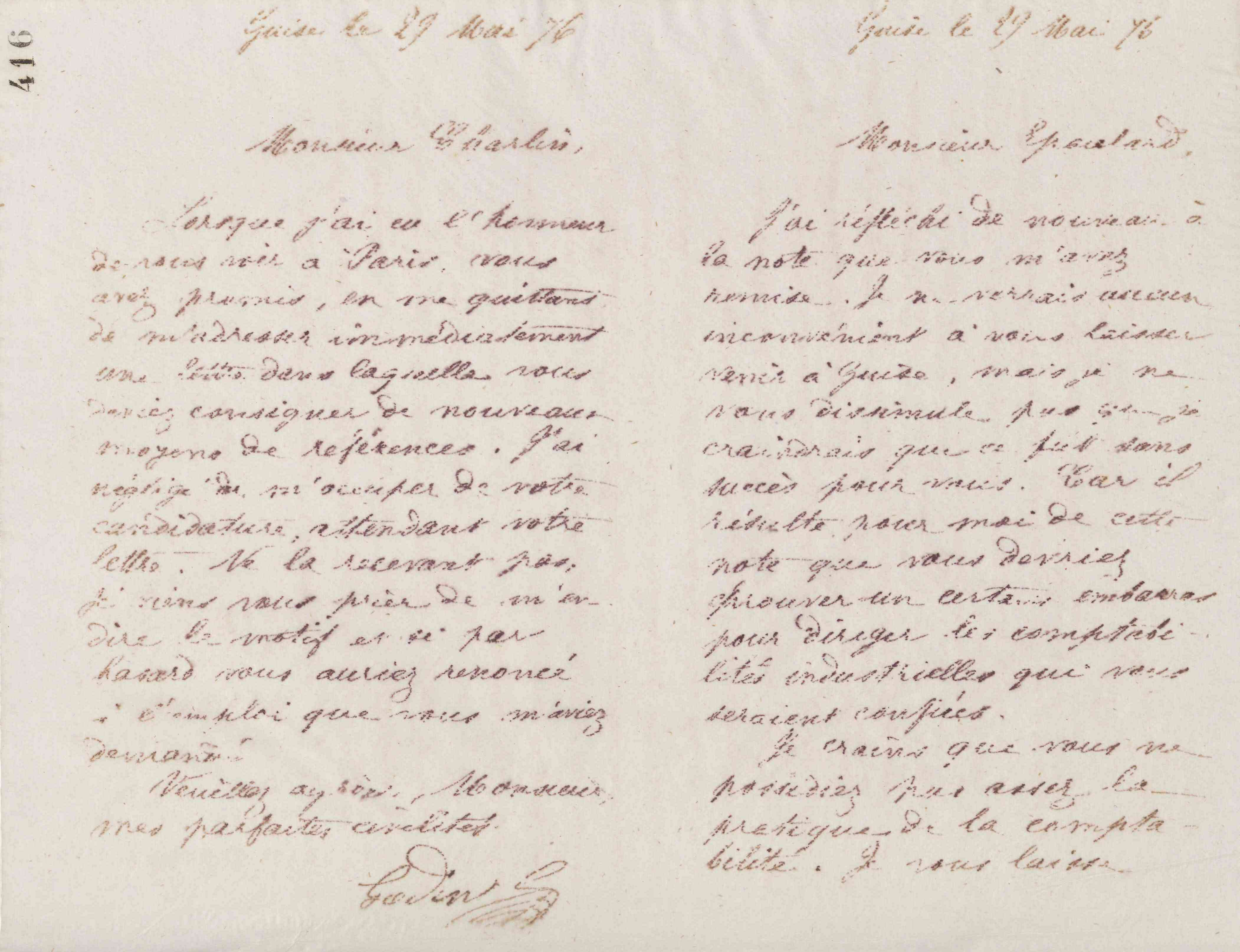 Jean-Baptiste André Godin à monsieur Charlin, 29 mai 1876 Jean-Baptiste André Godin à monsieur Charlin, 29 mai 1876