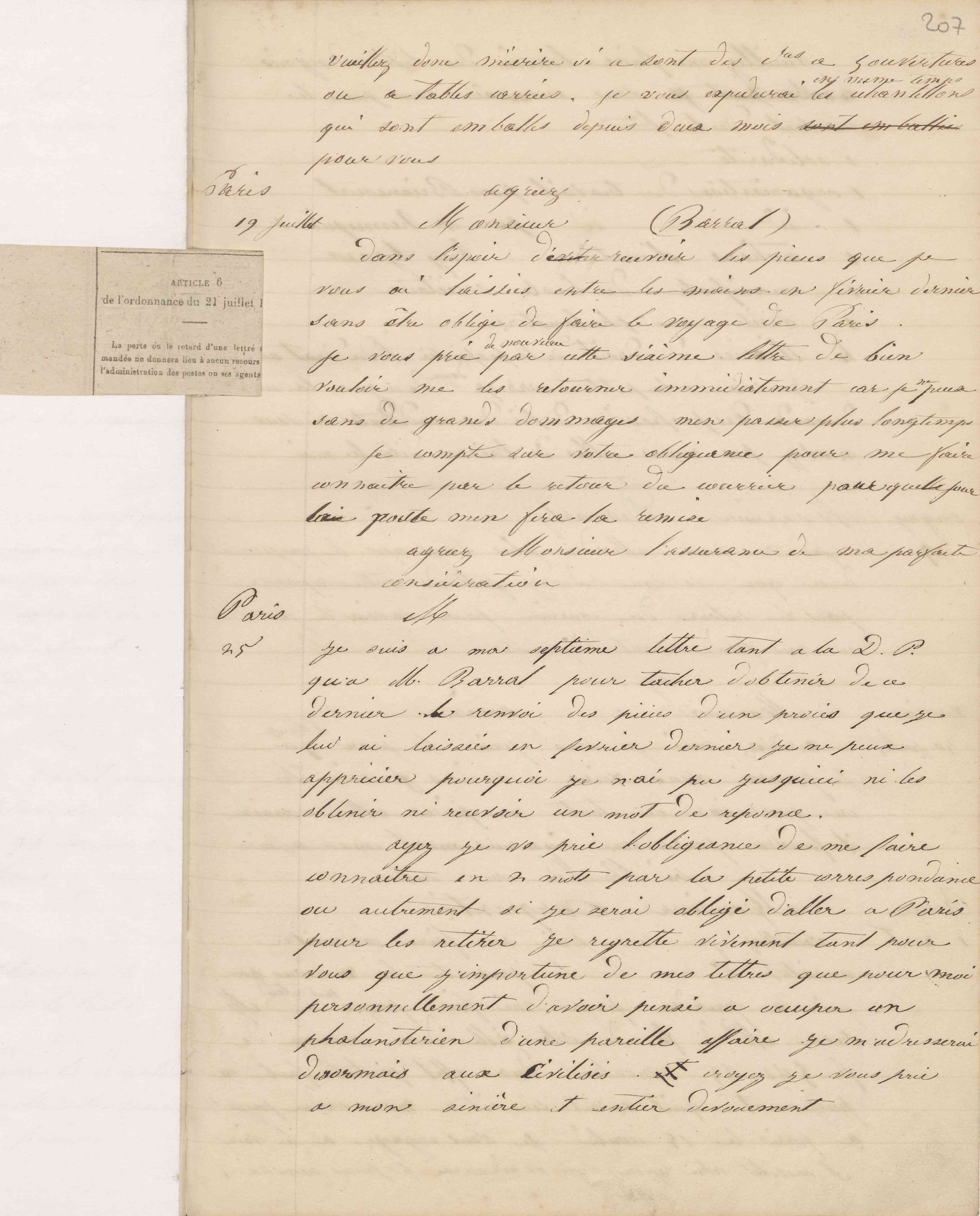 Jean-Baptiste André Godin à Jean-Augustin Barral, 19 juillet 1848
