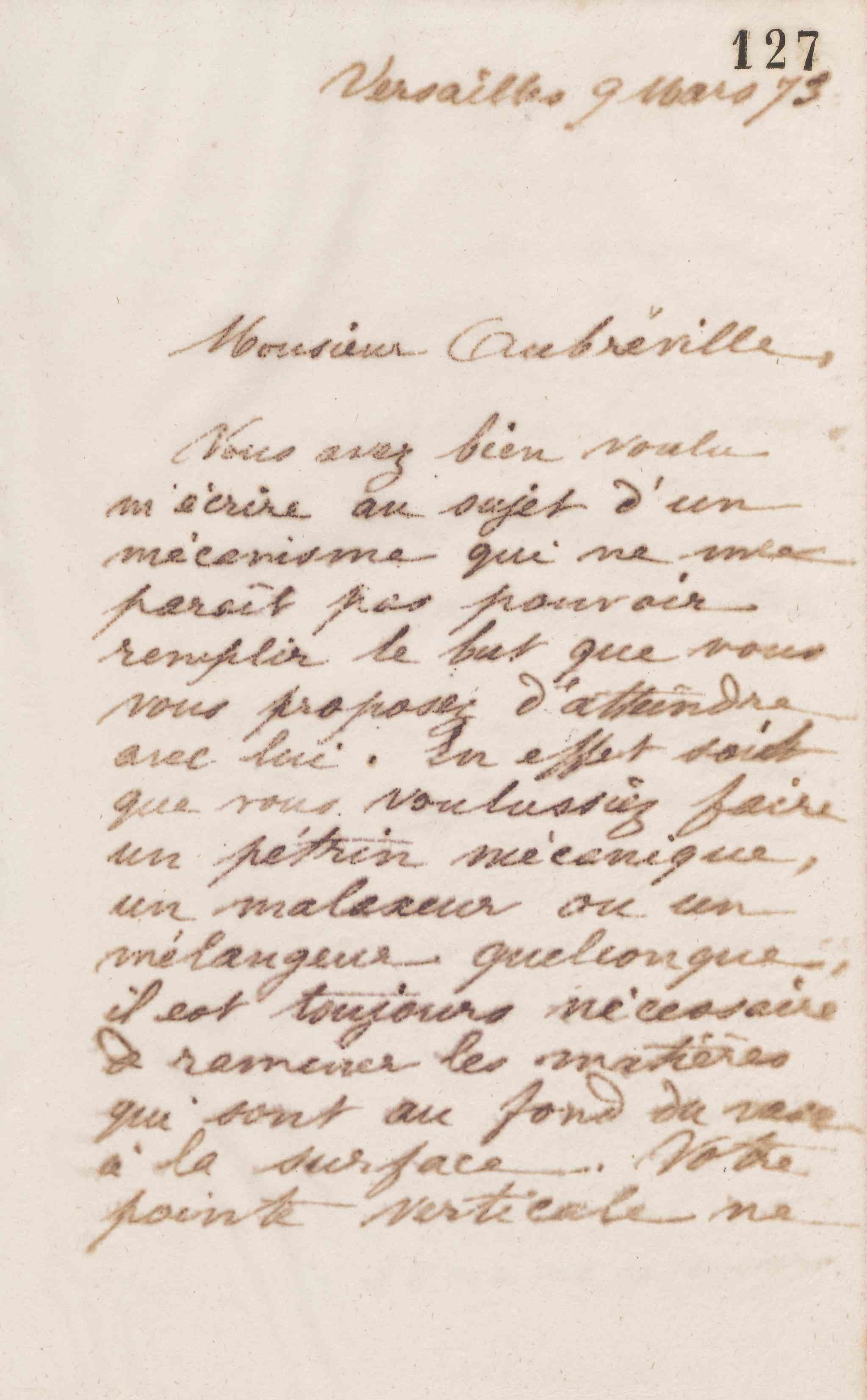 Jean-Baptiste André Godin à monsieur Aubréville, 9 mars 1873 Jean-Baptiste André Godin à monsieur Aubréville, 9 mars 1873