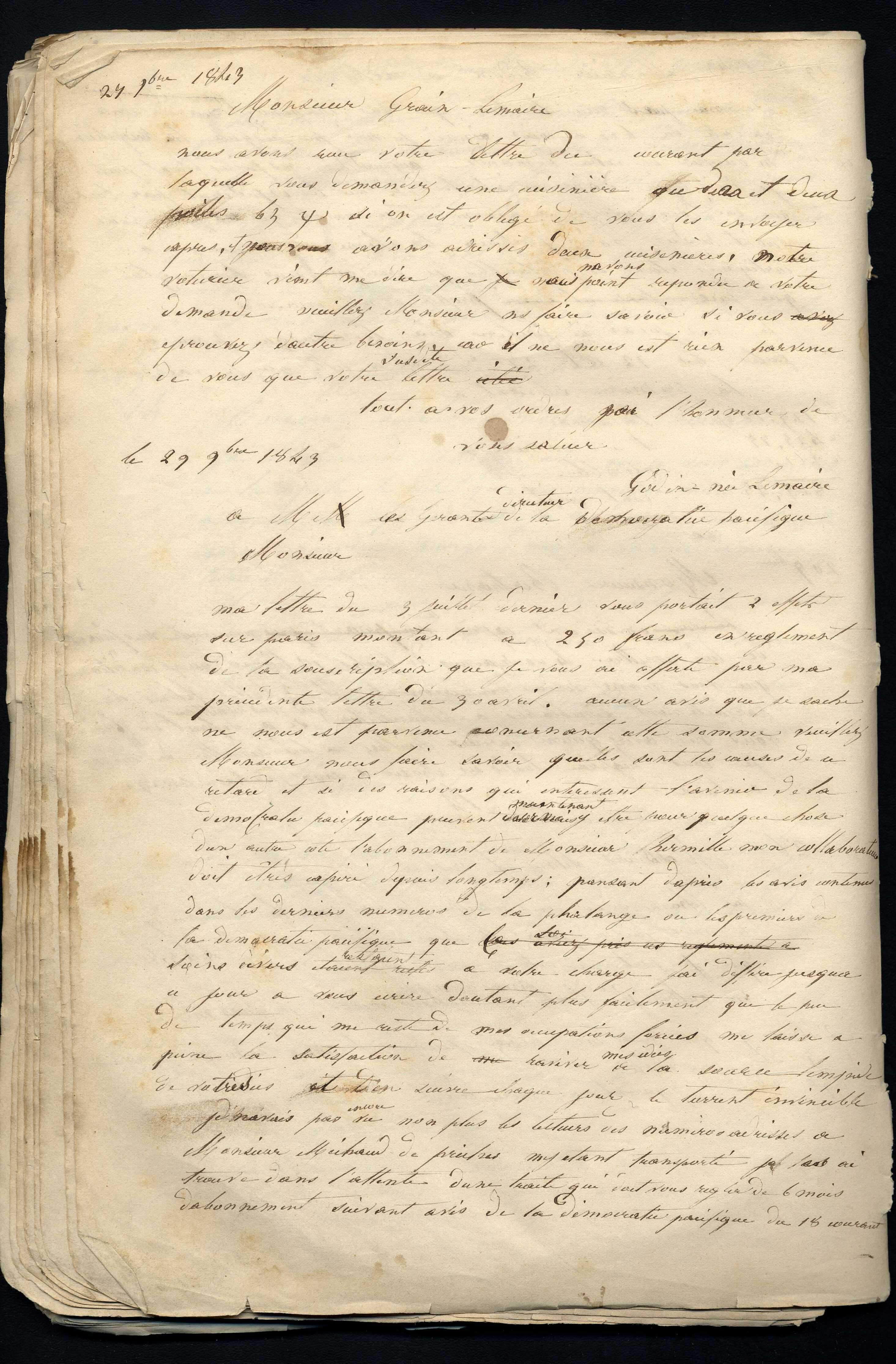 Jean-Baptiste André Godin aux gérants et directeurs de La Démocratie pacifique, 29 novembre 1843