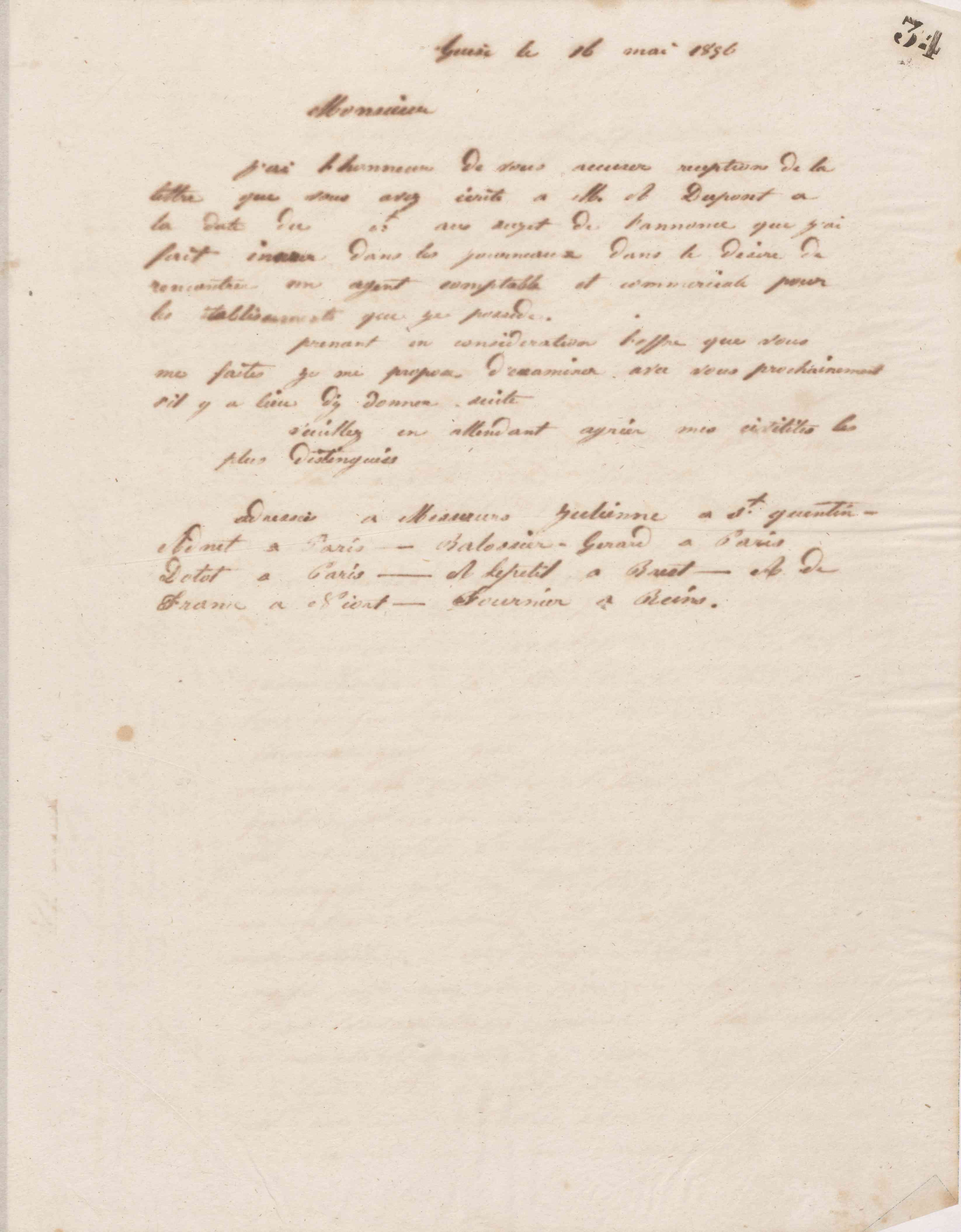 Jean-Baptiste André Godin à messieurs Julienne, Adnet et alii, 16 mai 1856