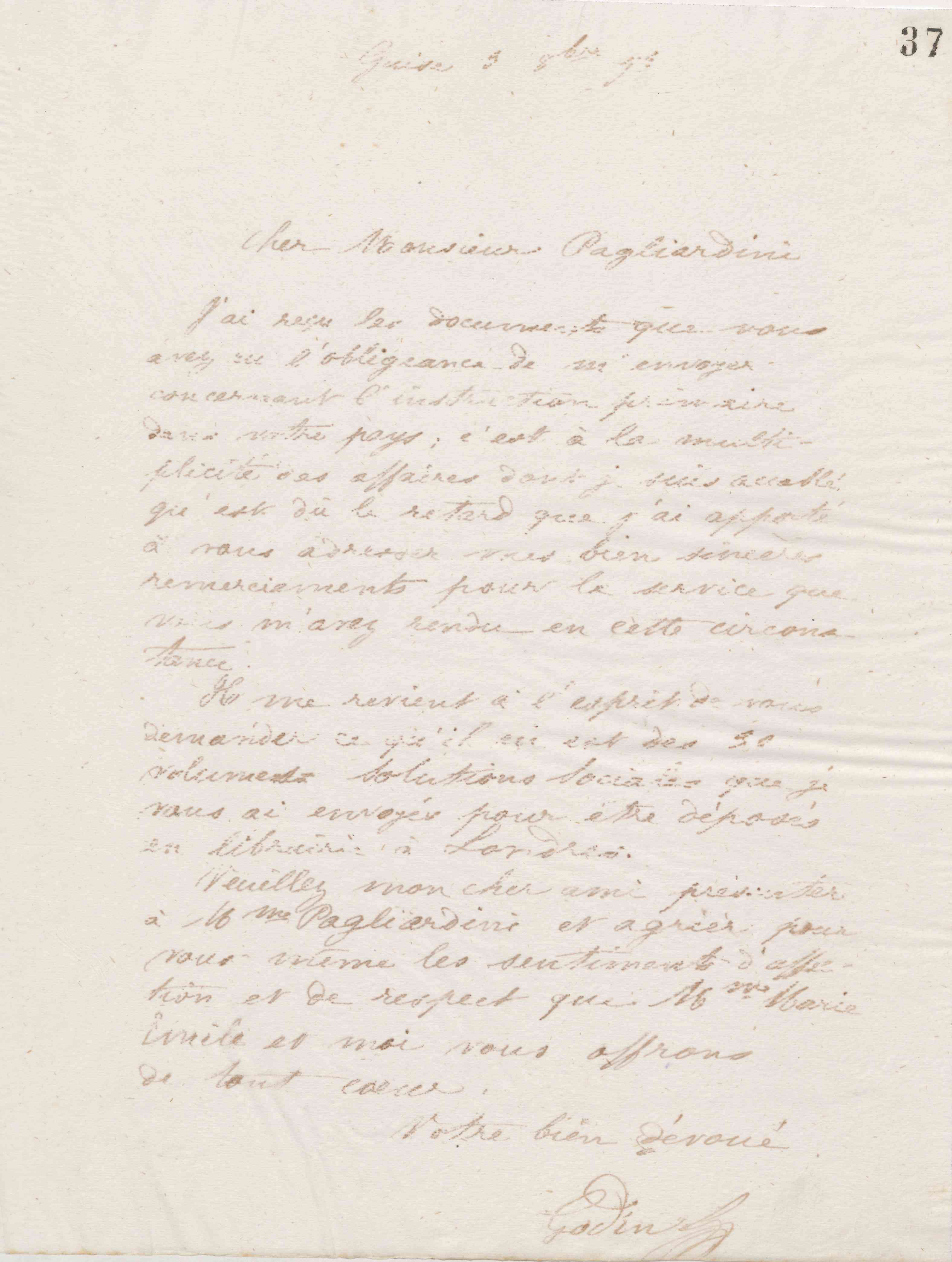 Jean-Baptiste André Godin à Tito Pagliardini,3 octobre 1873