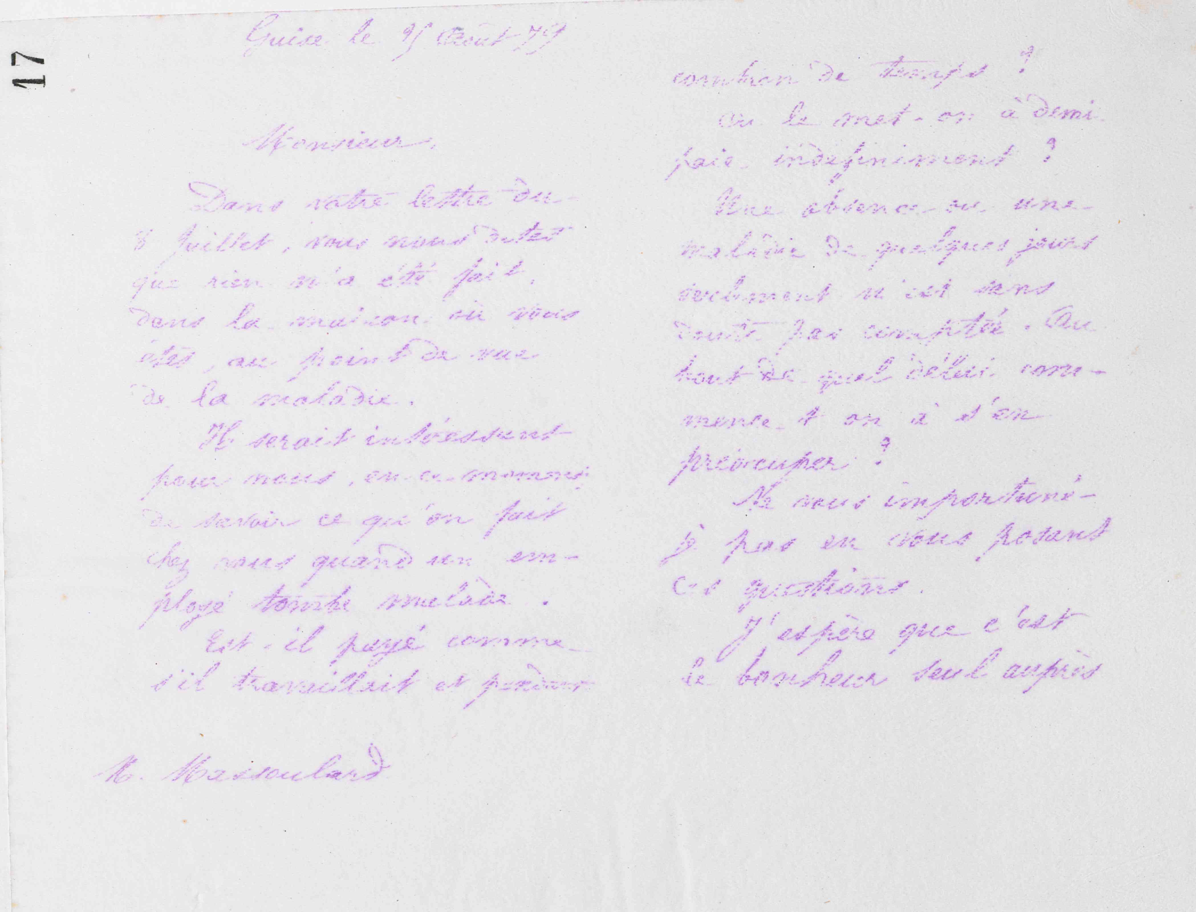 Marie Moret à Antoine Massoulard, 25 août 1879 Marie Moret à Antoine Massoulard, 25 août 1879