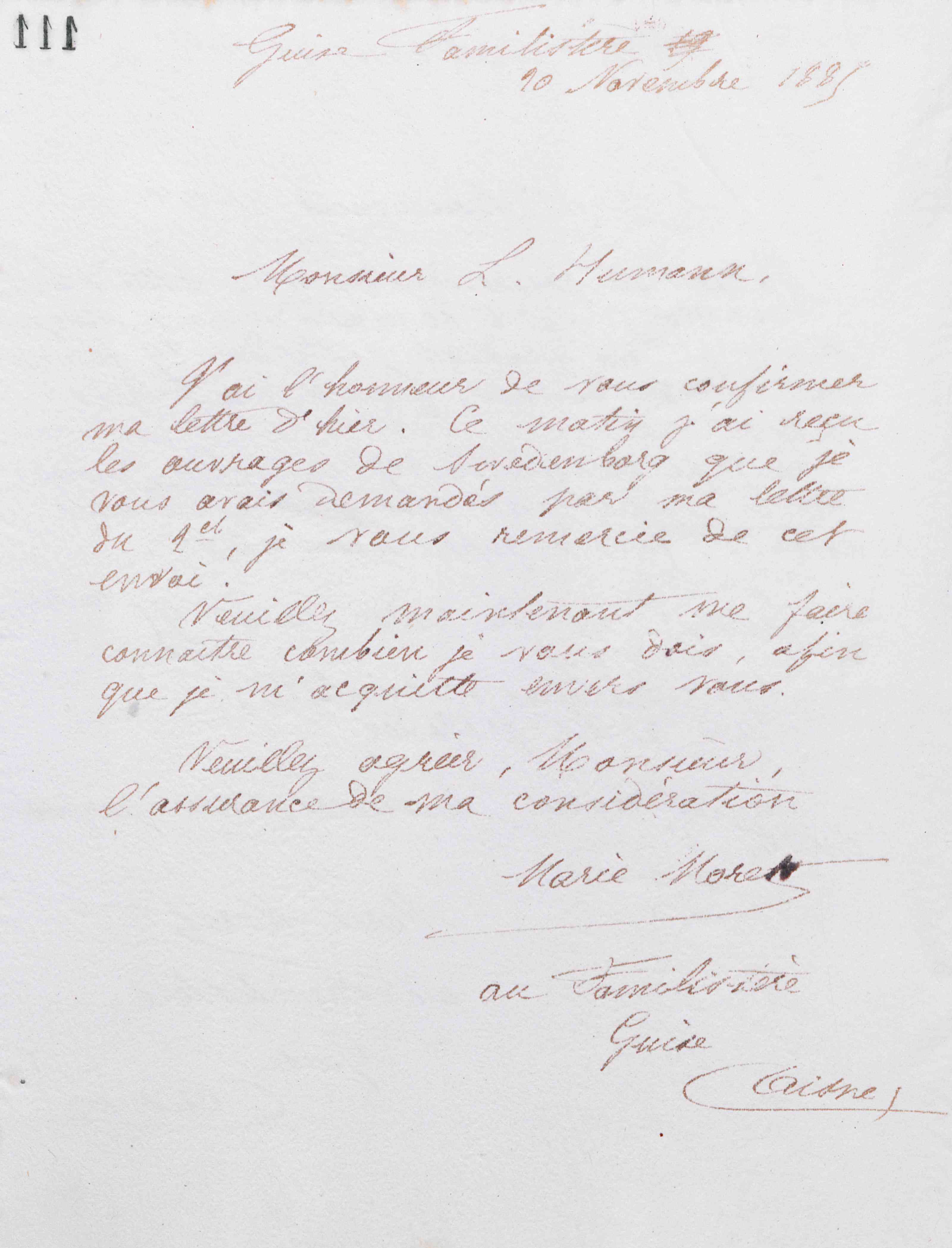 Marie Moret à Louis Humann, 20 novembre 1885