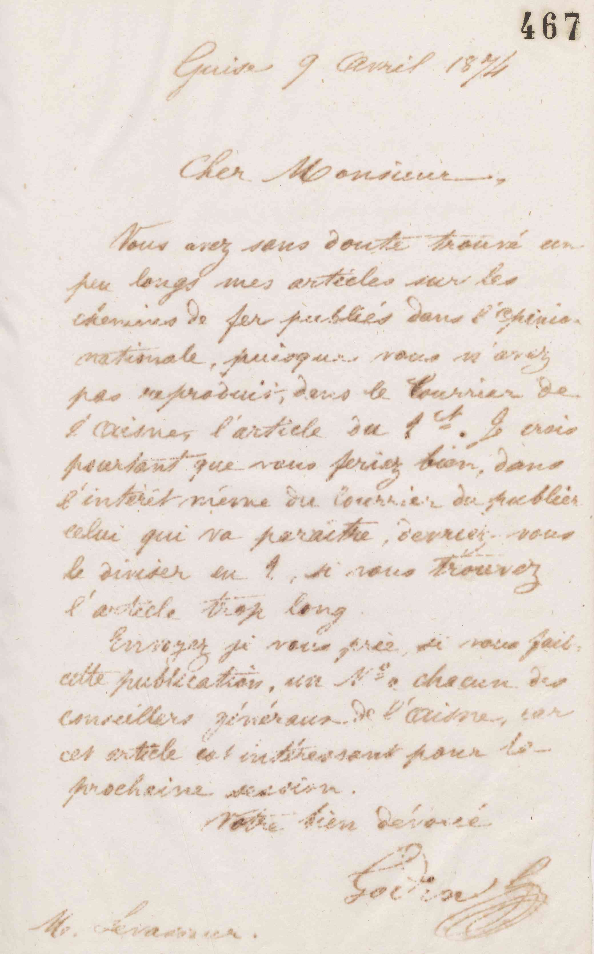 Jean-Baptiste André Godin à Henry Levasseur, 9 avril 1874