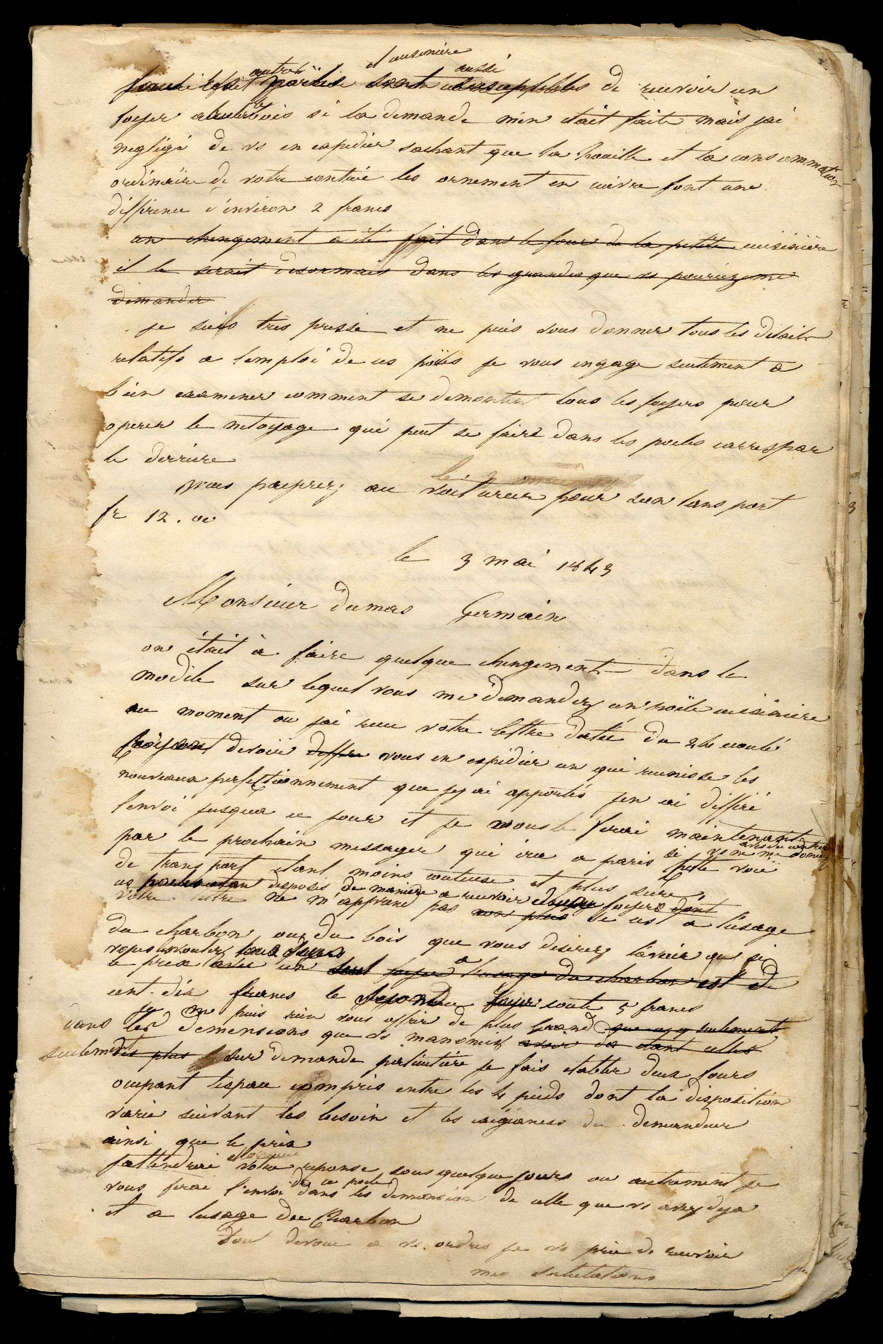 Jean-Baptiste André Godin à monsieur Dumas-Germain, 3 mai 1843 Jean-Baptiste André Godin à monsieur Dumas-Germain, 3 mai 1843