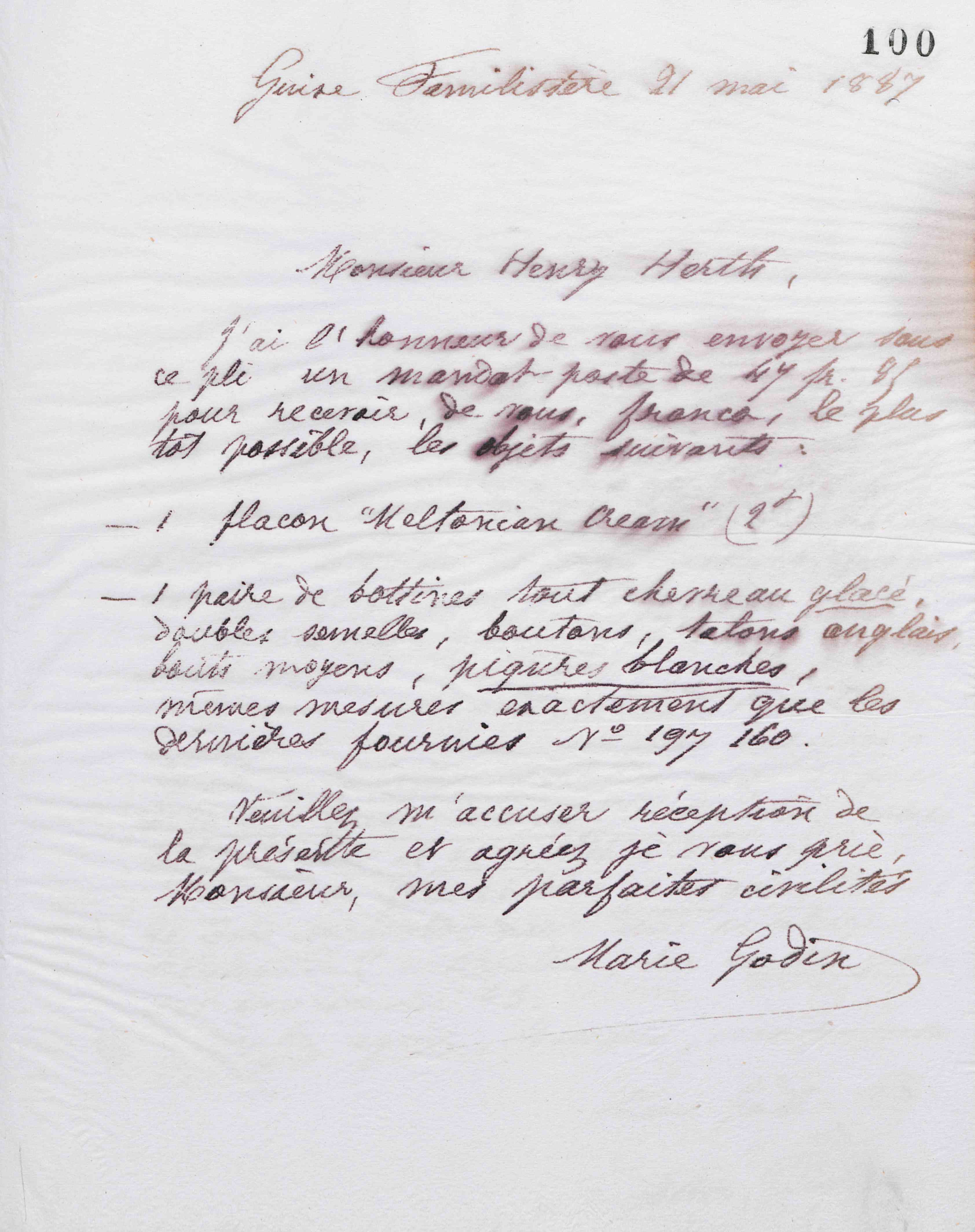 Marie Moret à Henry Herth, 21 mai 1887