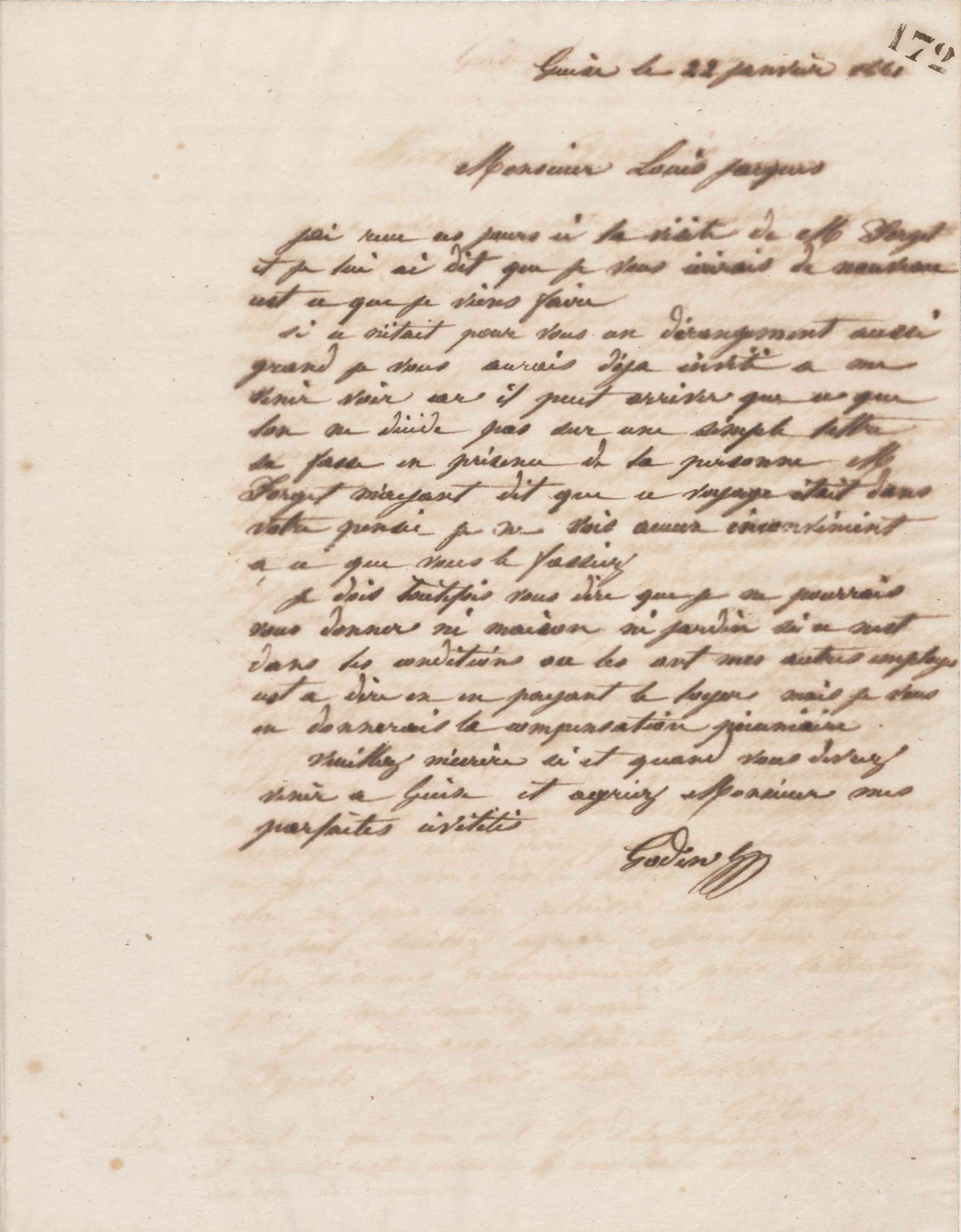 Jean-Baptiste André Godin à Louis Jacques, 22 janvier 1861