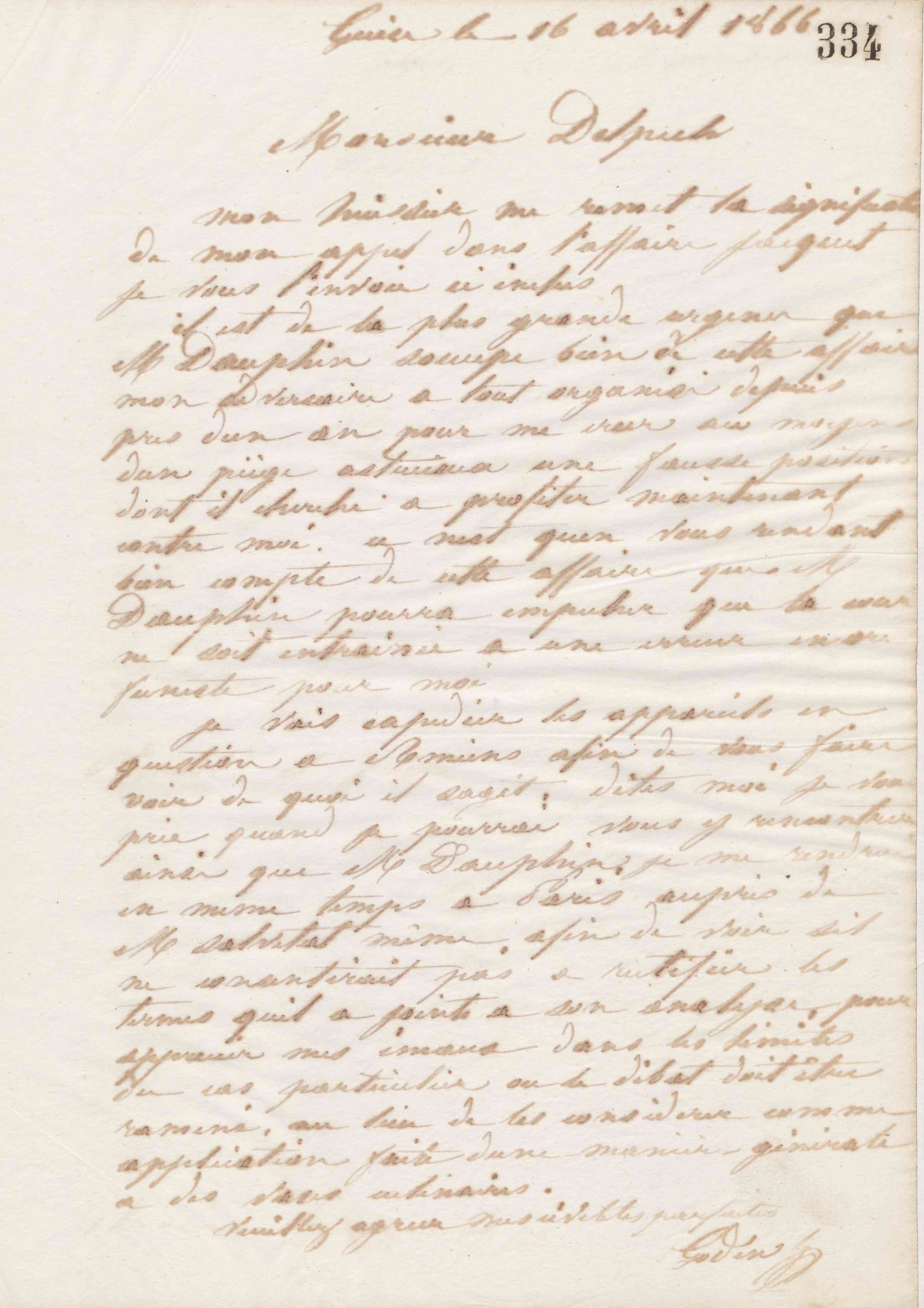 Jean-Baptiste André Godin à Alphonse Delpech, 16 avril 1866