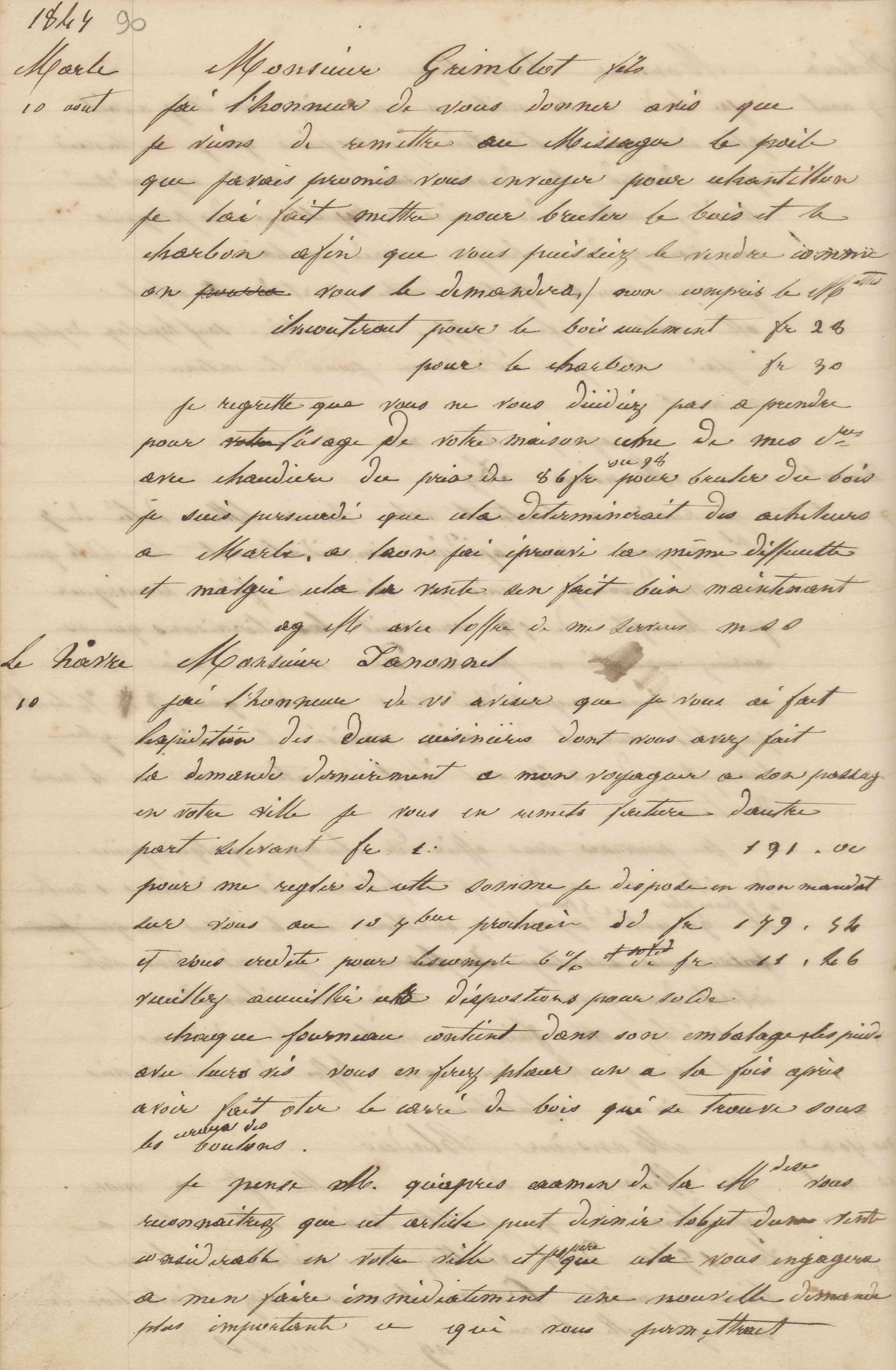 Jean-Baptiste André Godin à monsieur Fannonel, 10 août 1847 Jean-Baptiste André Godin à monsieur Fannonel, 10 août 1847