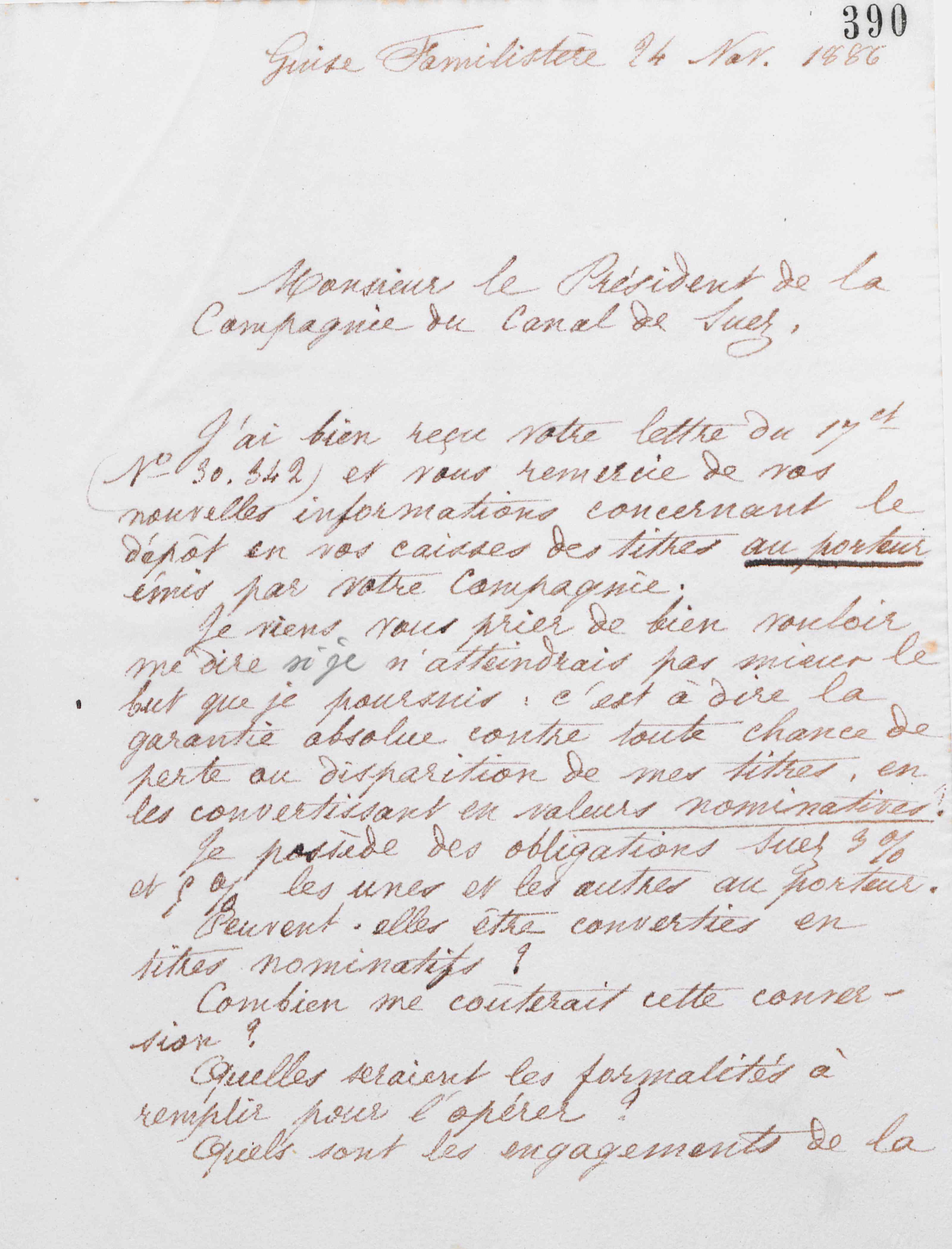 Marie Moret au directeur de la Compagnie universelle du canal maritime de Suez, 24 novembre 1886