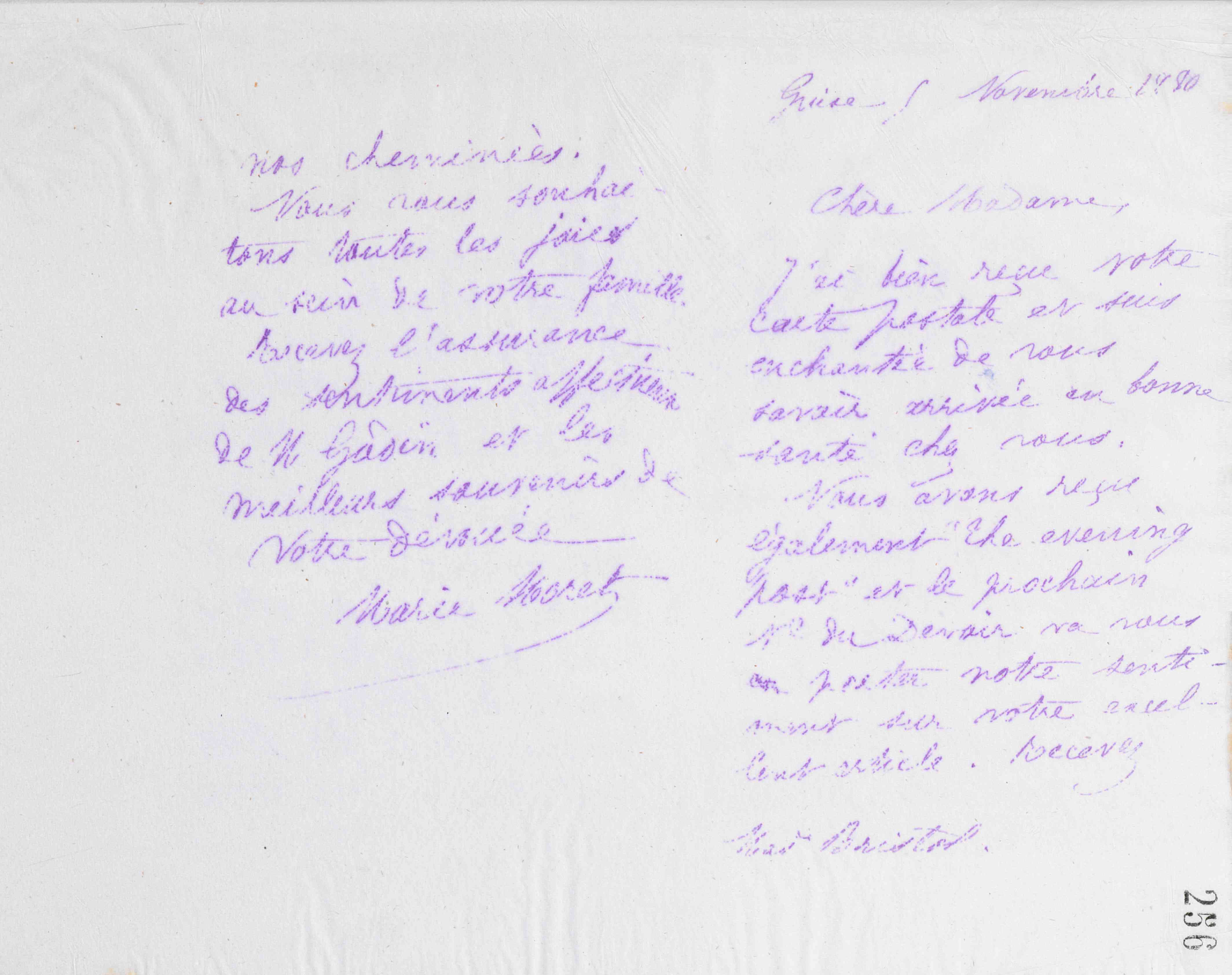 Marie Moret à Augusta Cooper Bristol, 5 novembre 1880