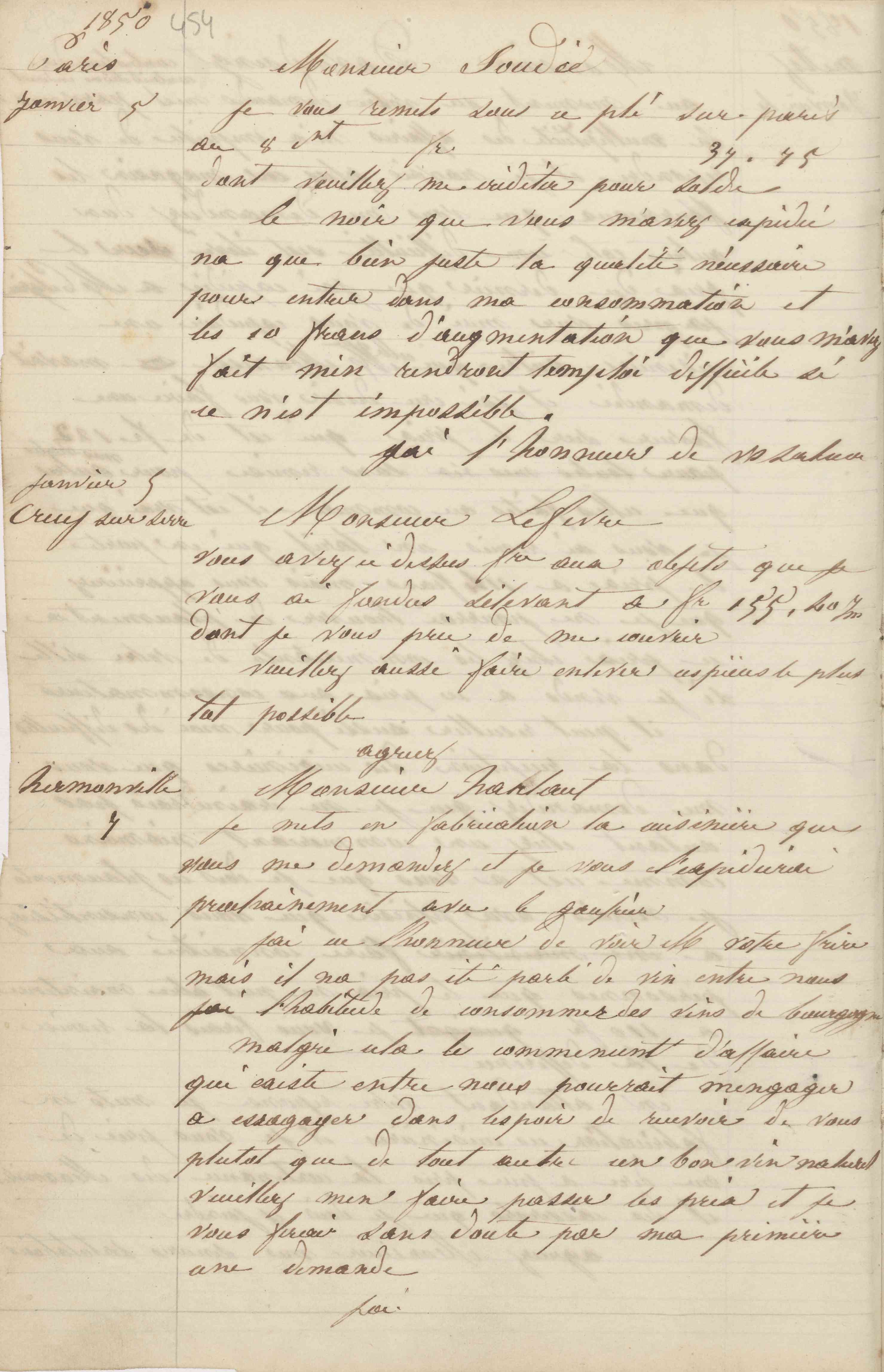 Jean-Baptiste André Godin à monsieur Soudé, 5 janvier 1850