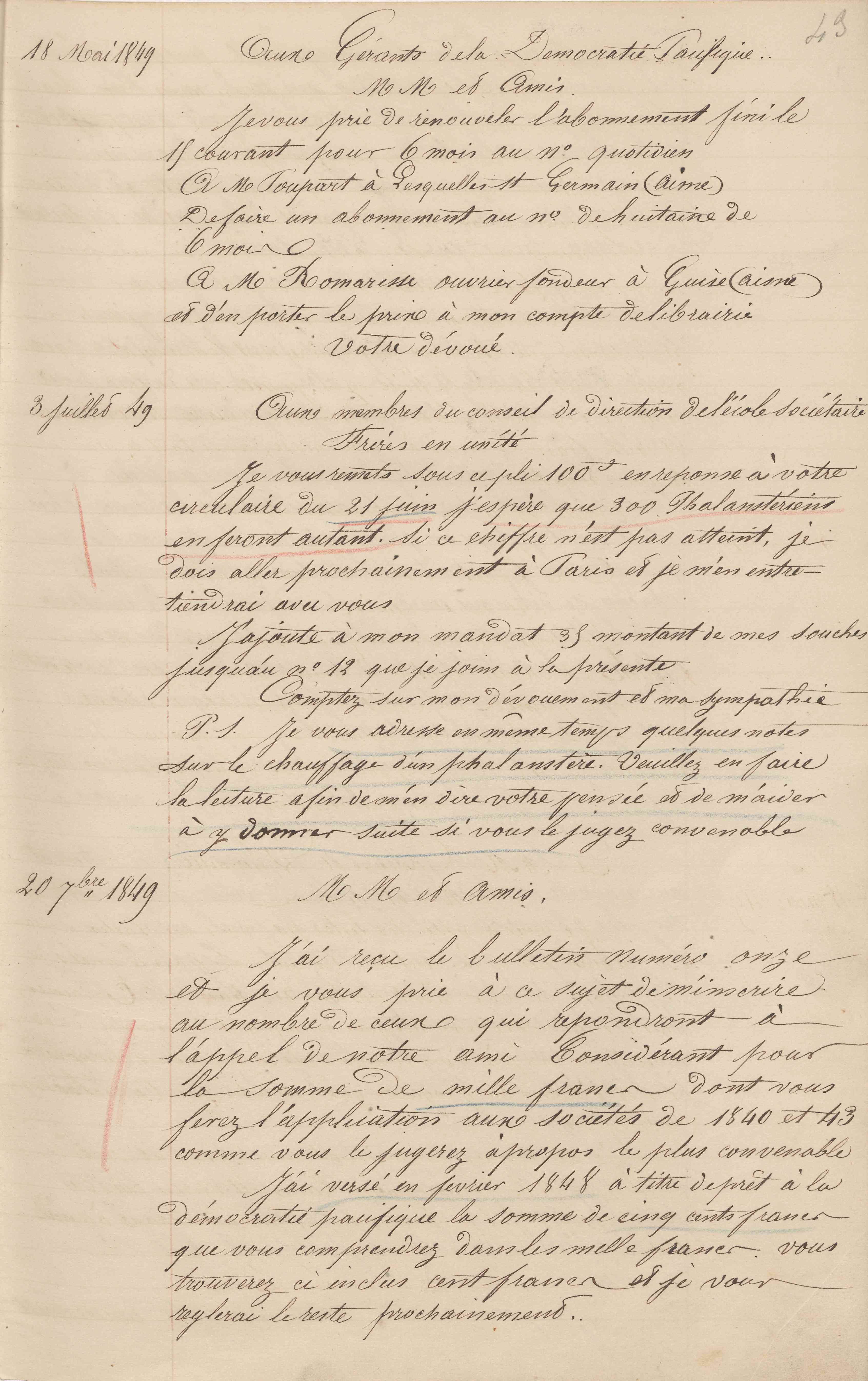 Jean-Baptiste André Godin aux membres du conseil de direction de l'École sociétaire, 3 juillet 1849 Jean-Baptiste André Godin aux membres du conseil de direction de l'École sociétaire, 3 juillet 1849