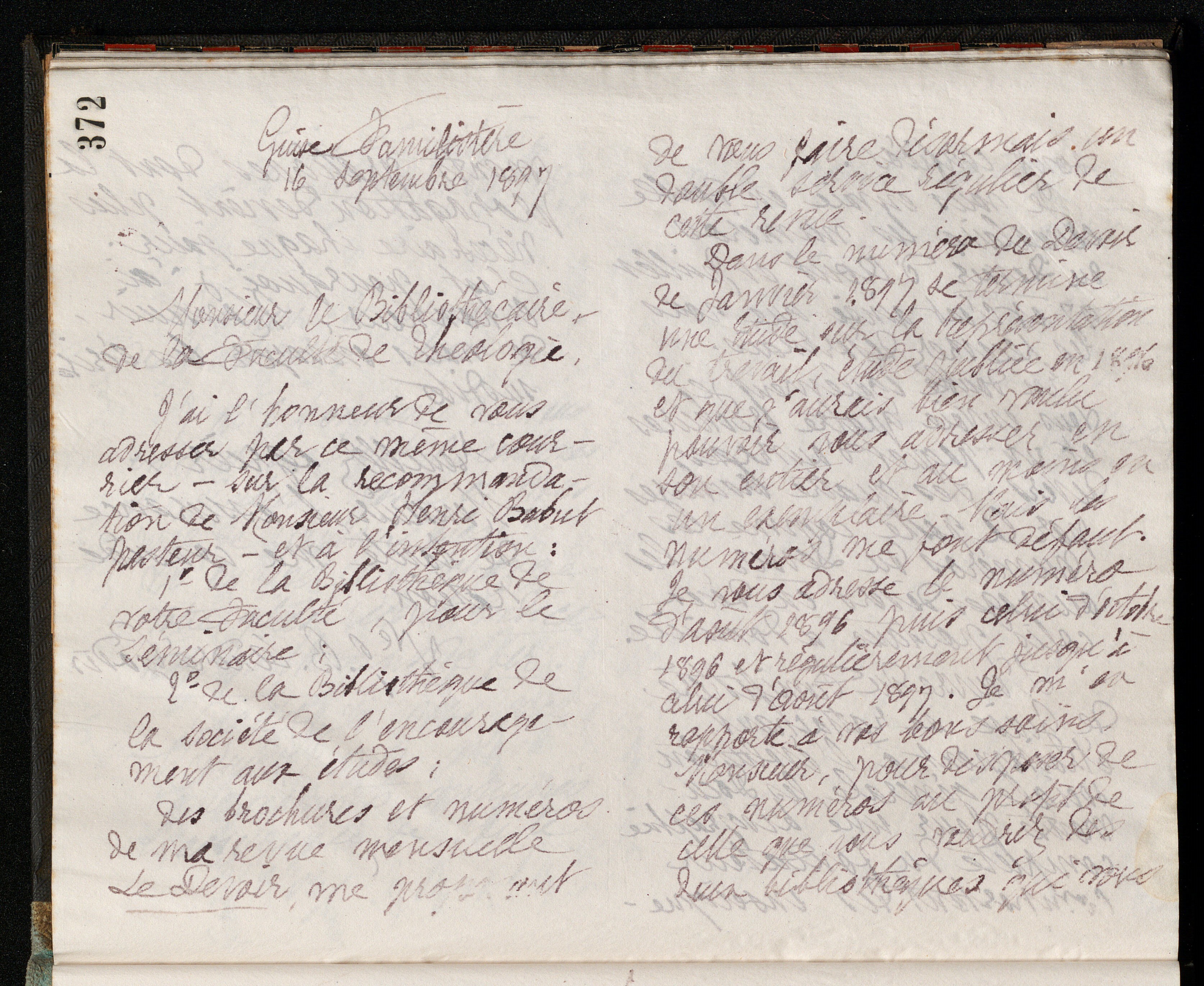 Marie Moret au bibliothécaire de la Faculté de théologie, 16 septembre 1897