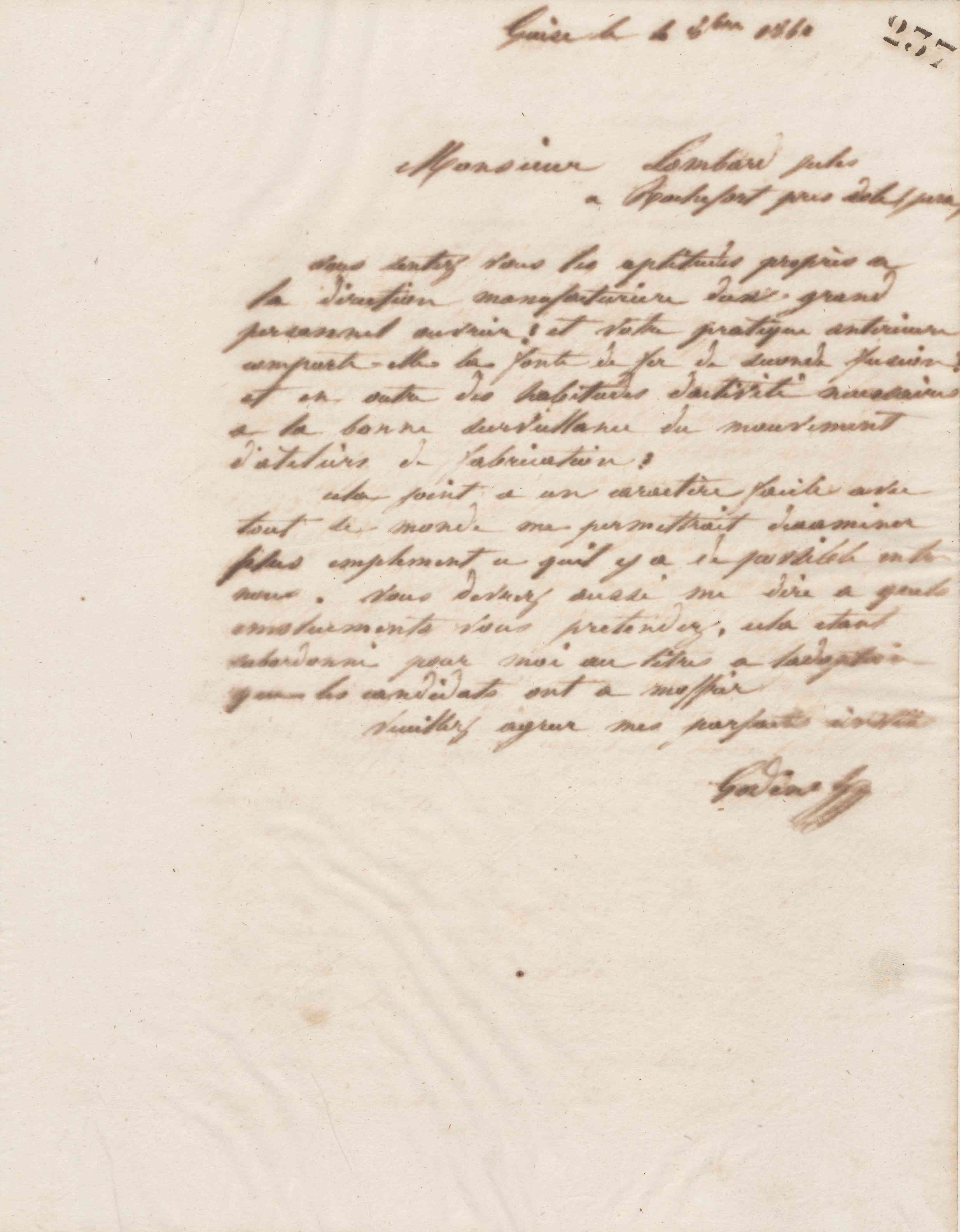 Jean-Baptiste André Godin à Jules Lombard, 4 octobre 1861