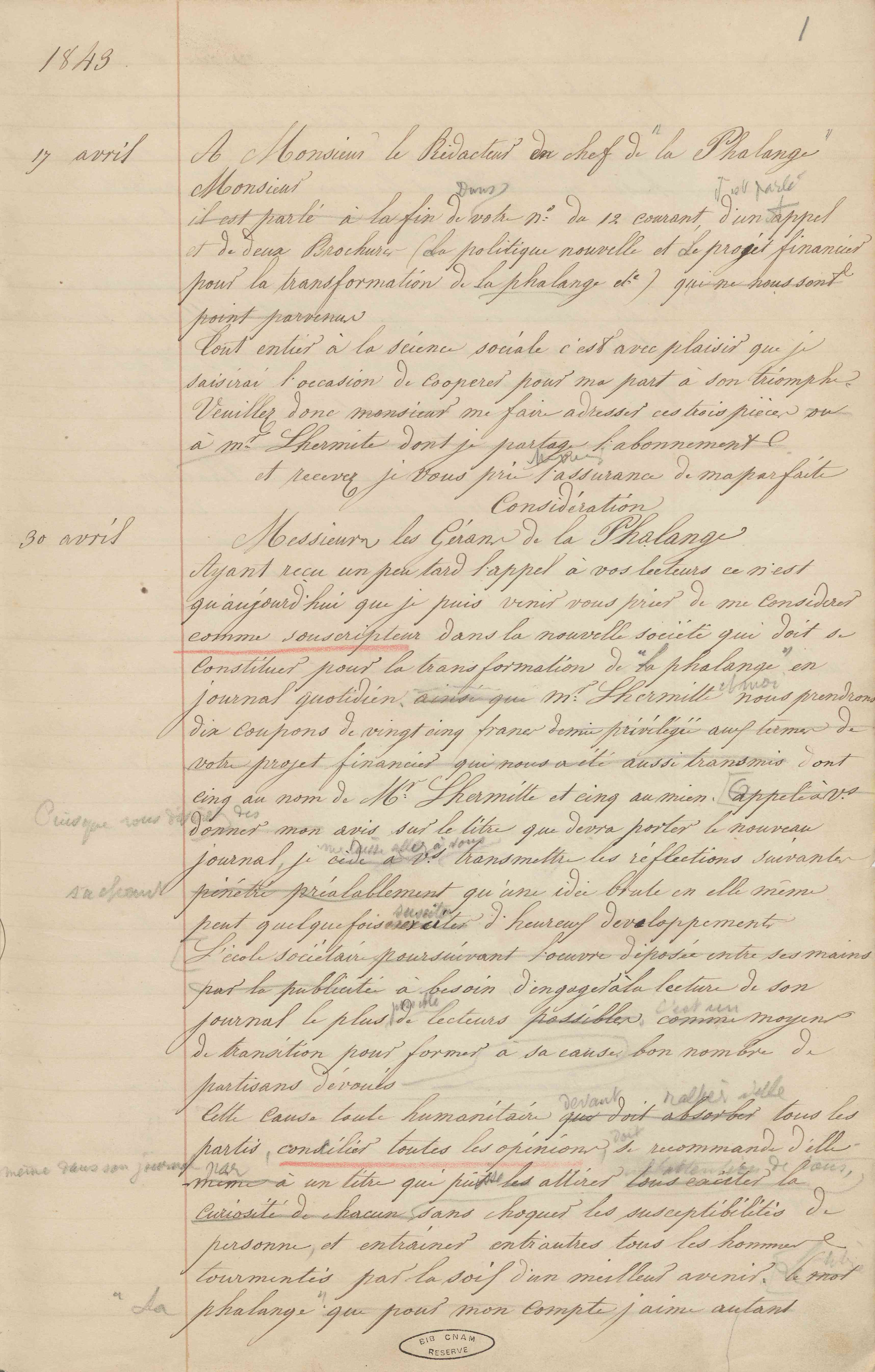 Jean-Baptiste André Godin aux gérants de La Phalange, 30 avril 1843