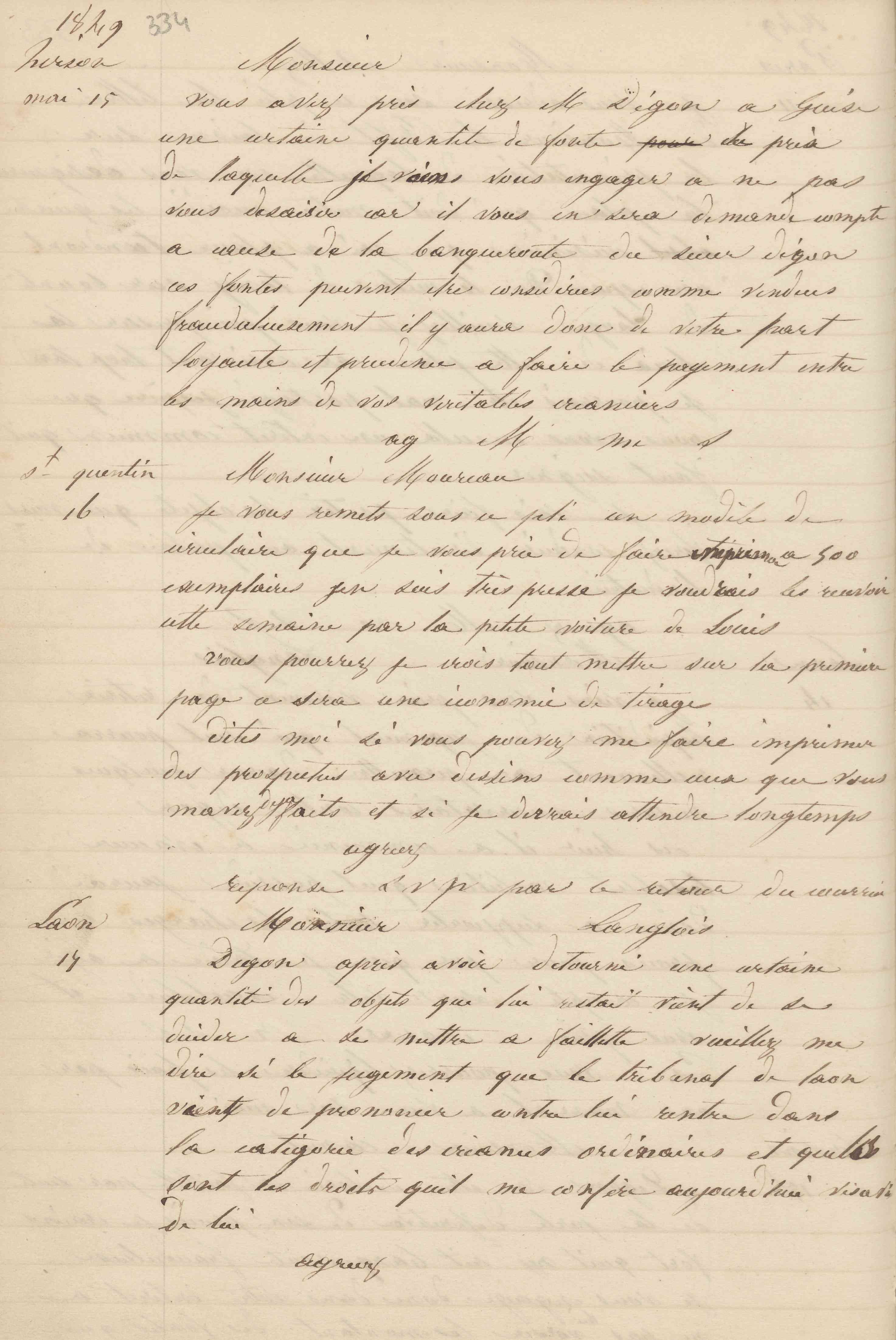 Jean-Baptiste André Godin à un inconnu, 15 mai 1849