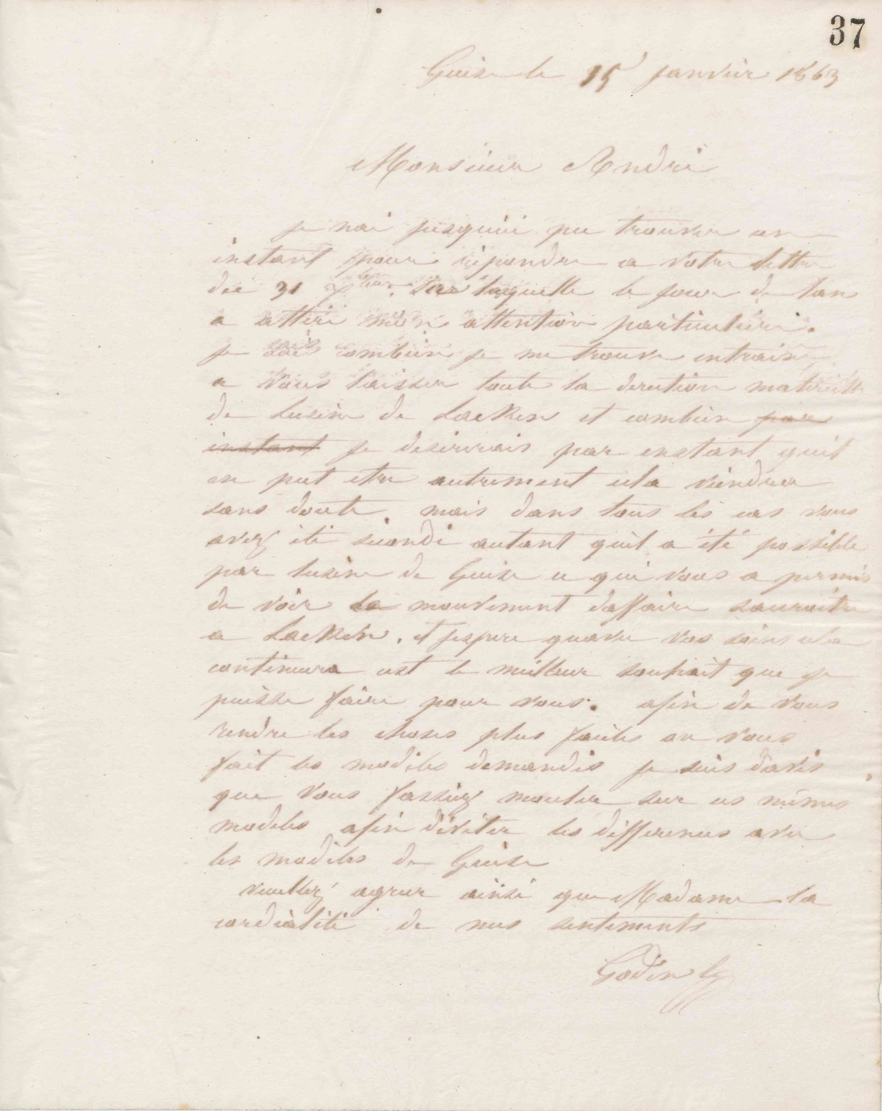 Jean-Baptiste André Godin à Eugène André, 15 janvier 1864