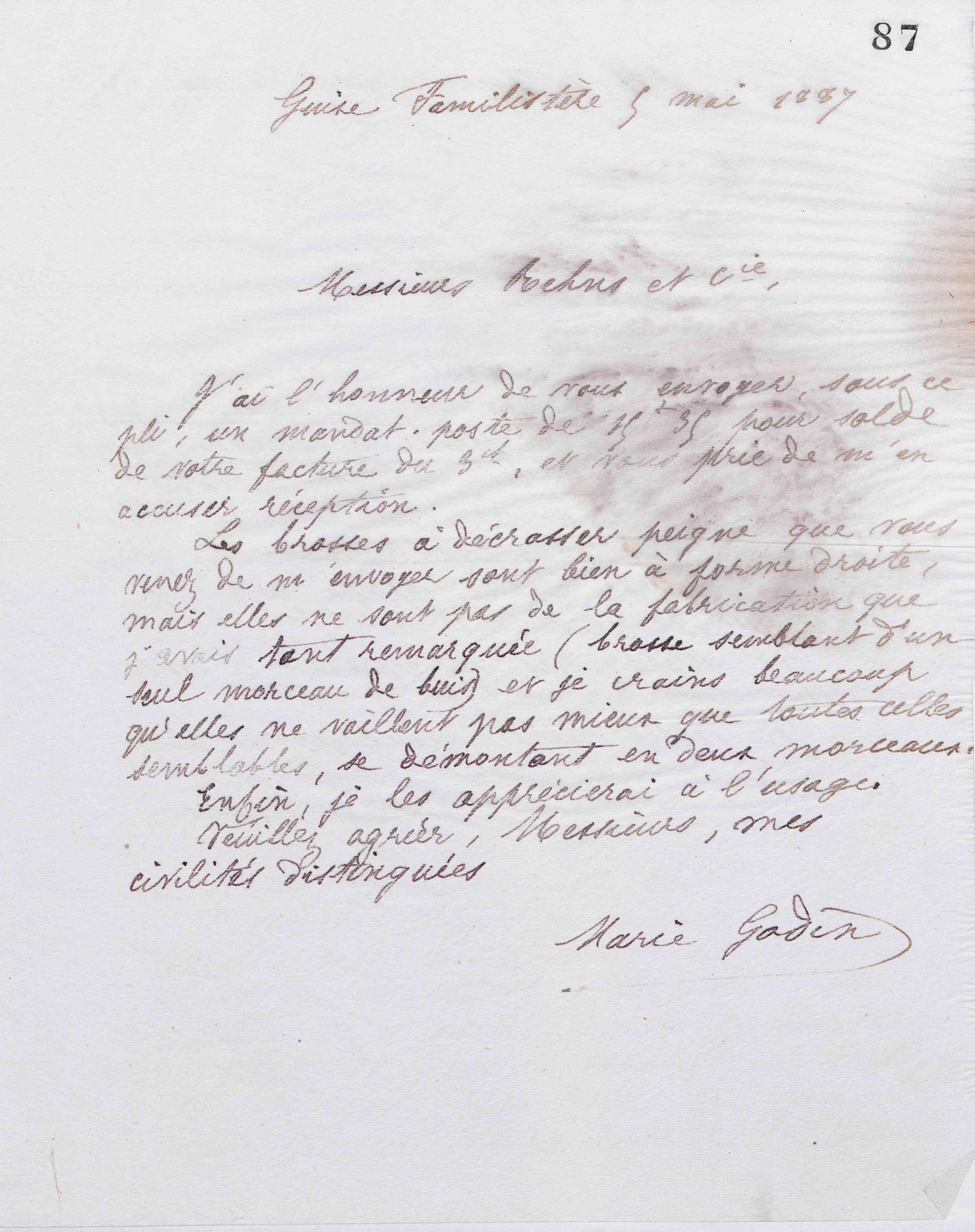 Marie Moret à Rehns et Cie, 5 mai 1887