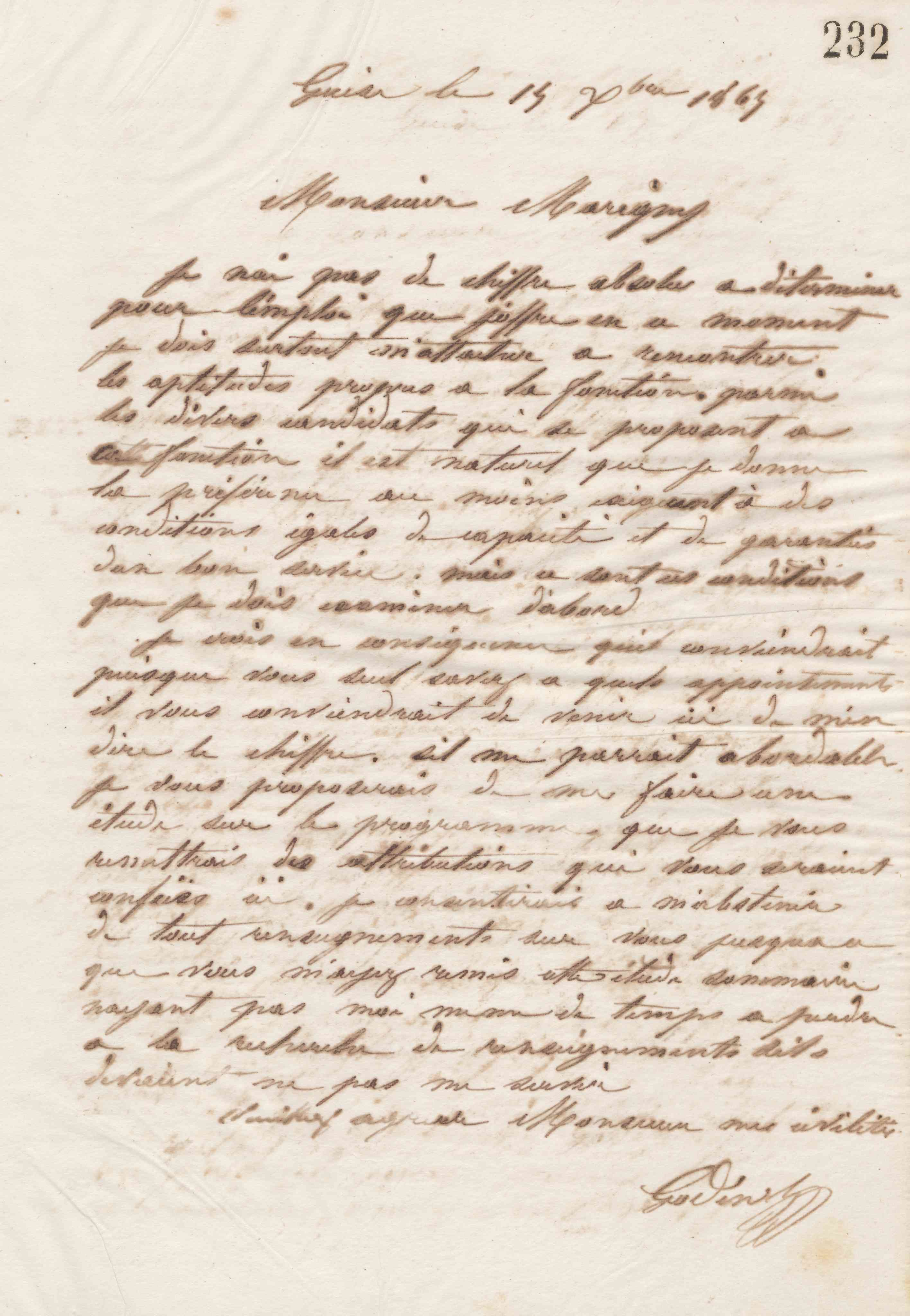 Jean-Baptiste André Godin à monsieur Marigny, 15 décembre 1865