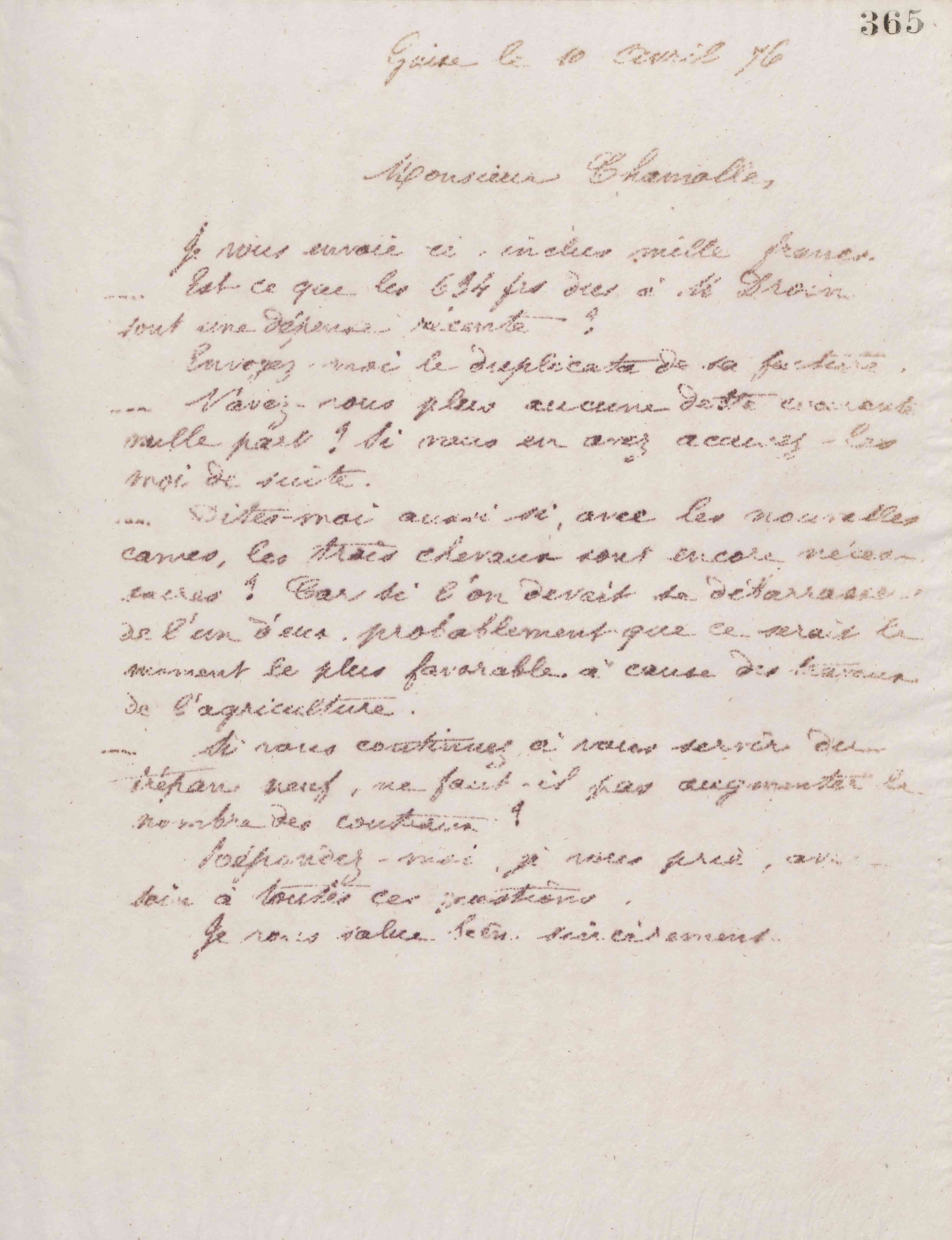 Jean-Baptiste André Godin à monsieur Chamolle, 10 avril 1876 Jean-Baptiste André Godin à monsieur Chamolle, 10 avril 1876