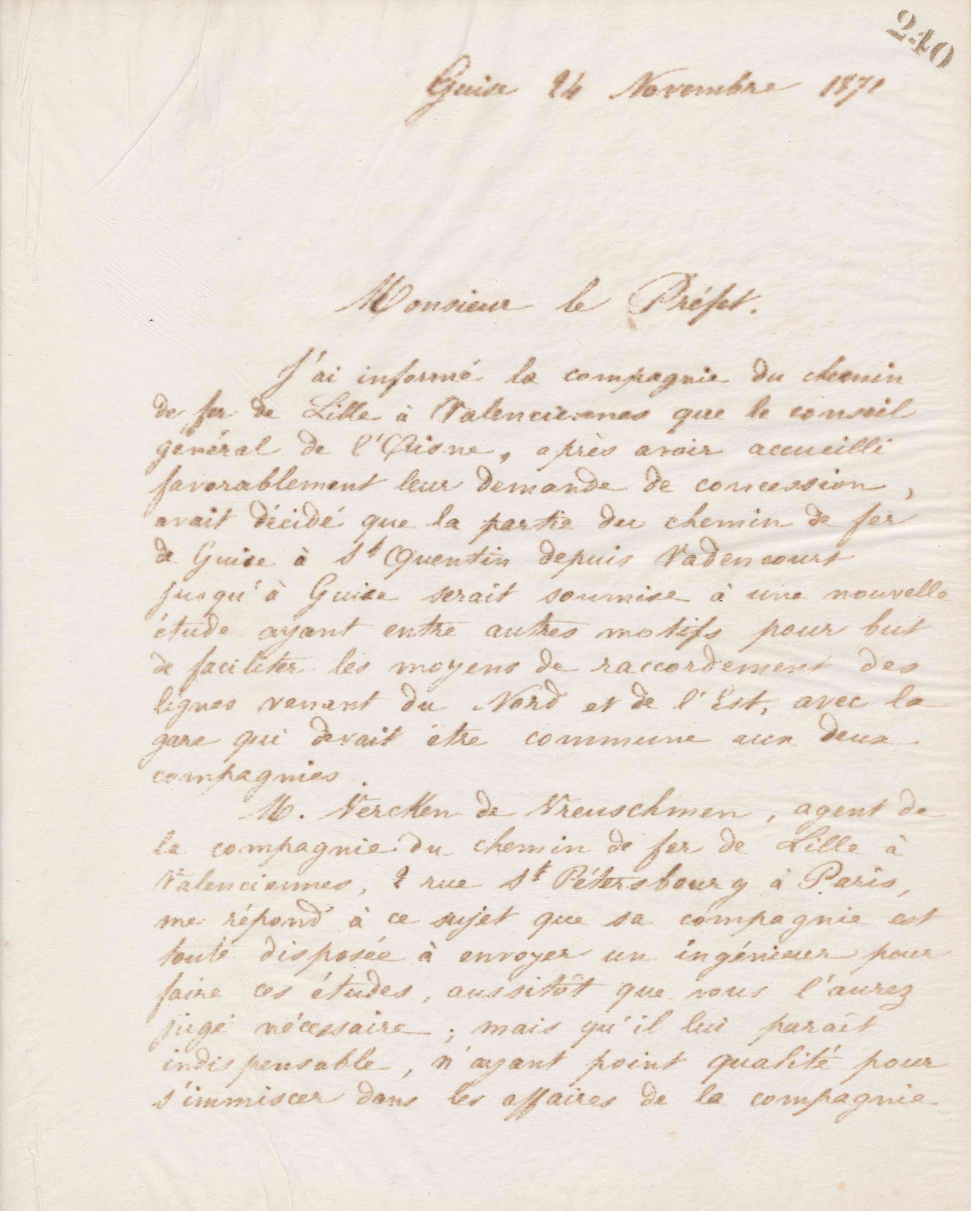 Jean-Baptiste André Godin à Félix Achard, préfet de l'Aisne, 24 novembre 1871