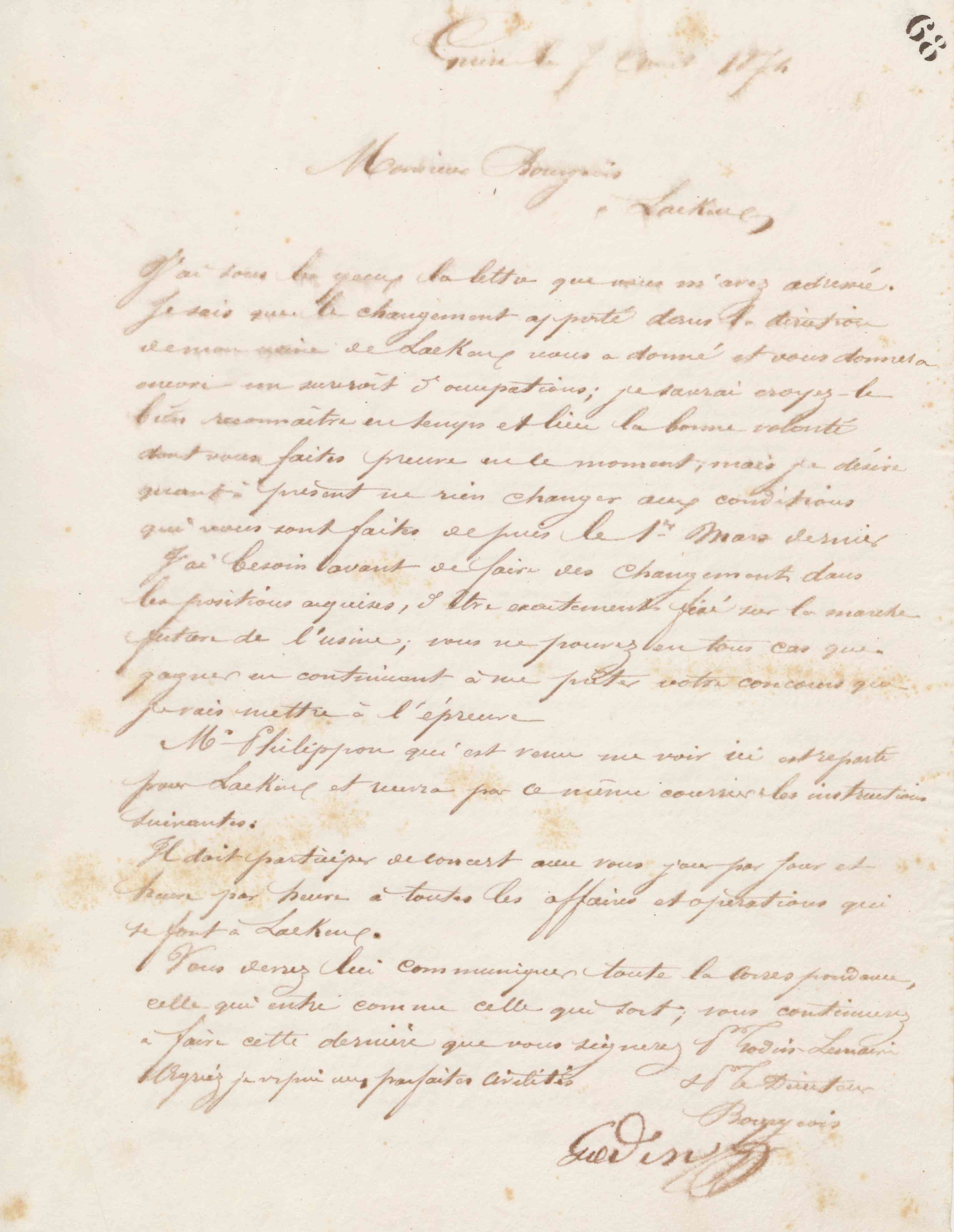 Jean-Baptiste André Godin à monsieur B. Bourgeois, 7 août 1874