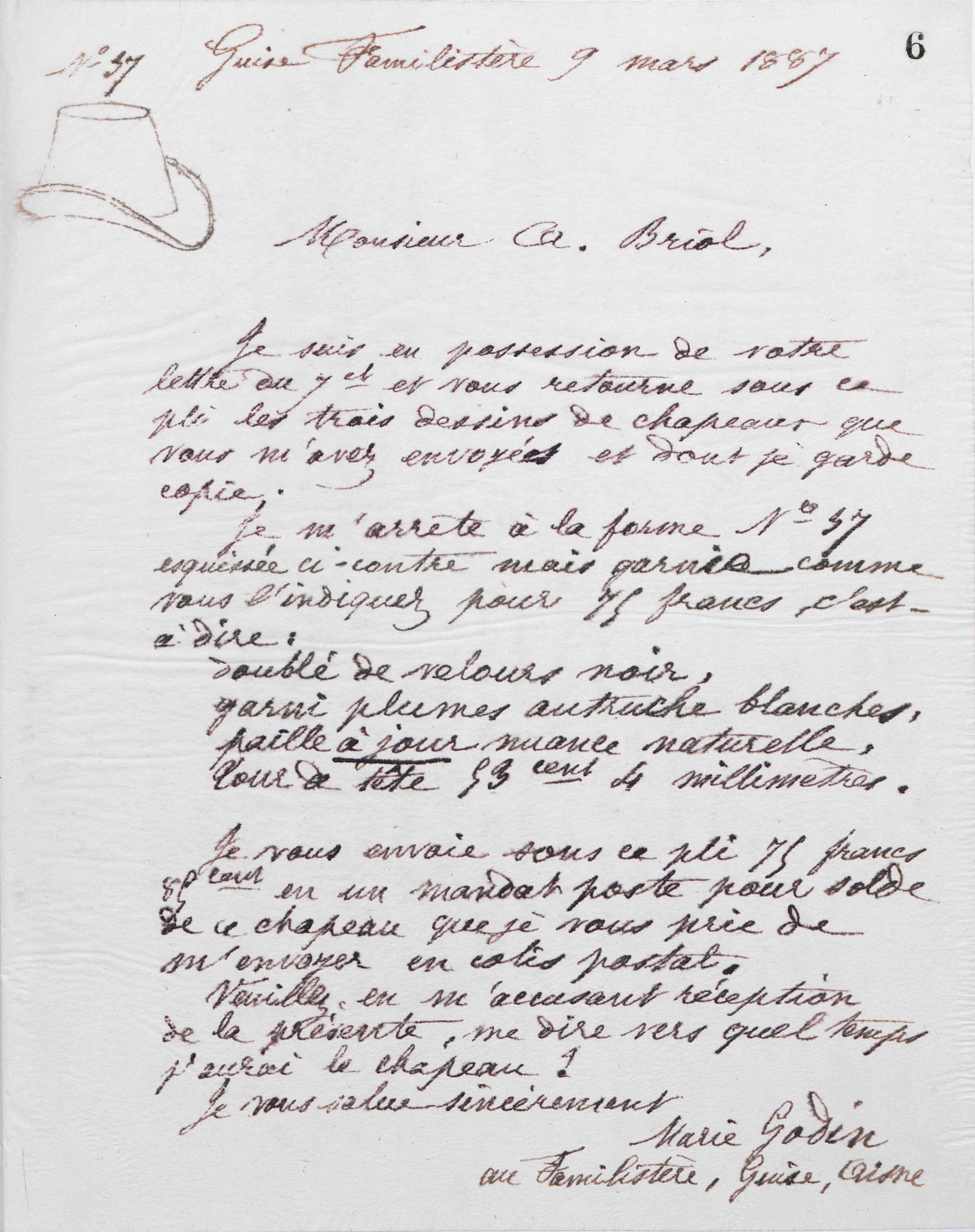 Marie Moret à Auguste Briol, 9 mars 1887