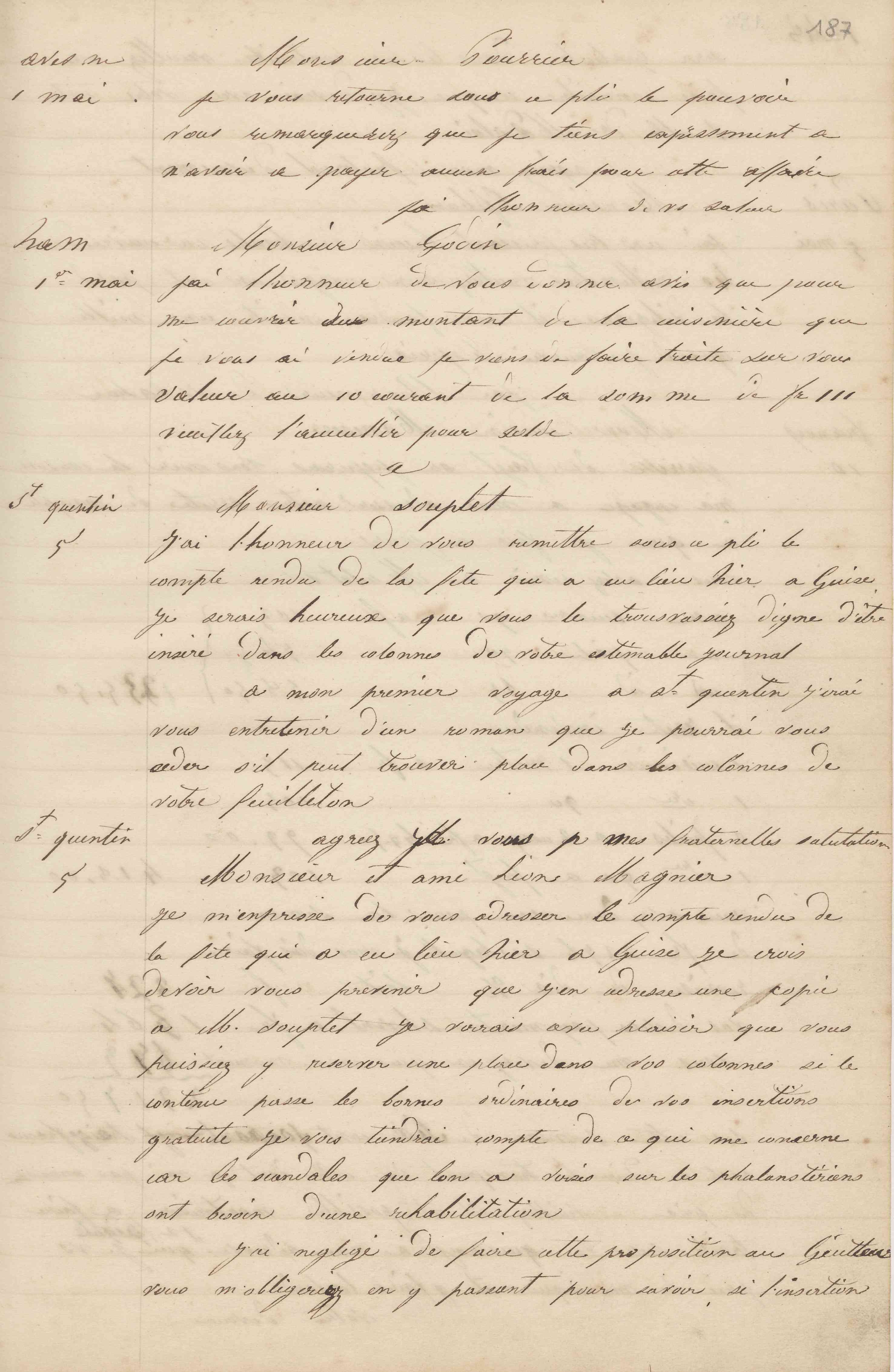 Jean-Baptiste André Godin à monsieur Pourrier, 1er mai 1848 Jean-Baptiste André Godin à monsieur Pourrier, 1er mai 1848