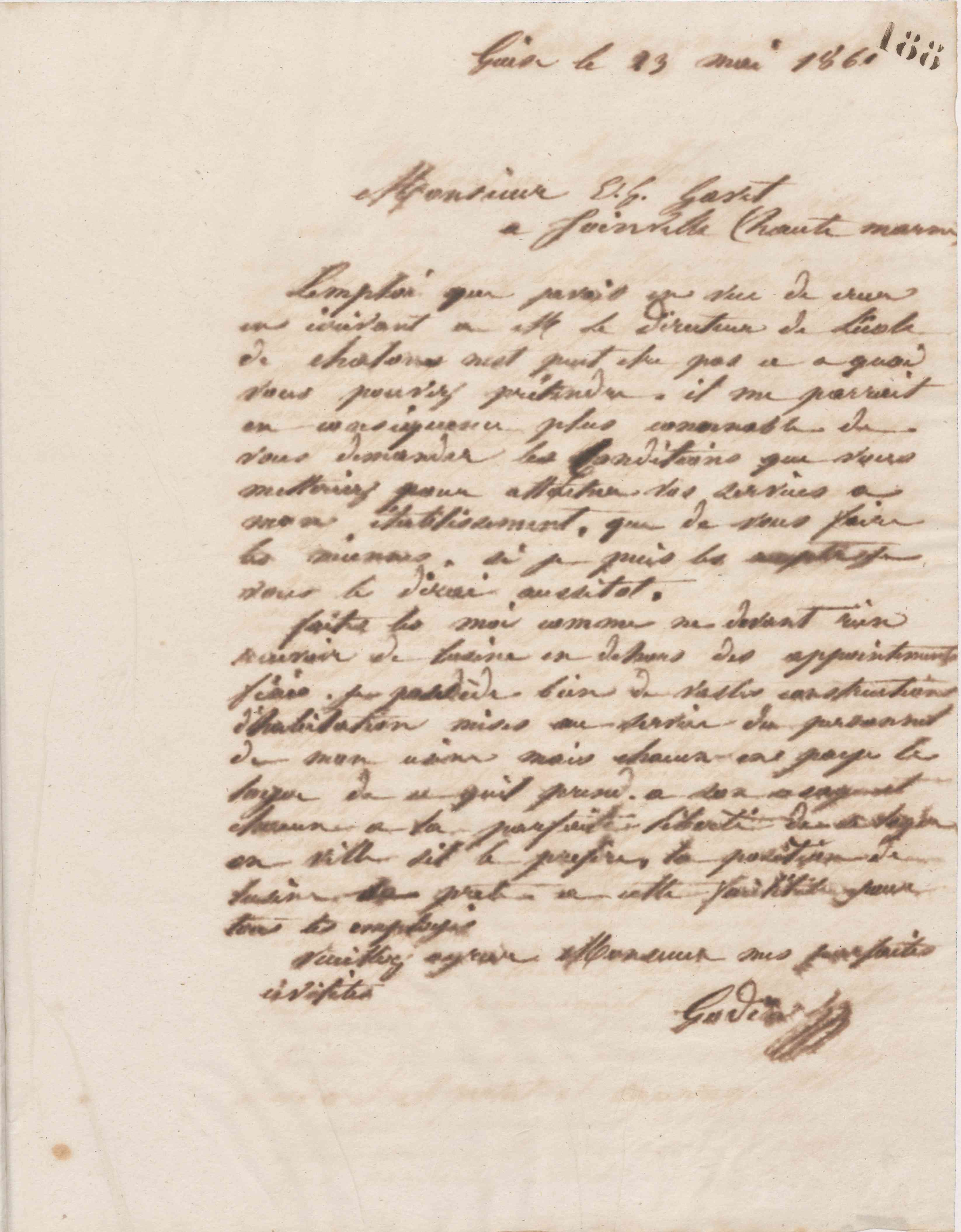 Jean-Baptiste André Godin à monsieur E. G Gavet, 23 mai 1861