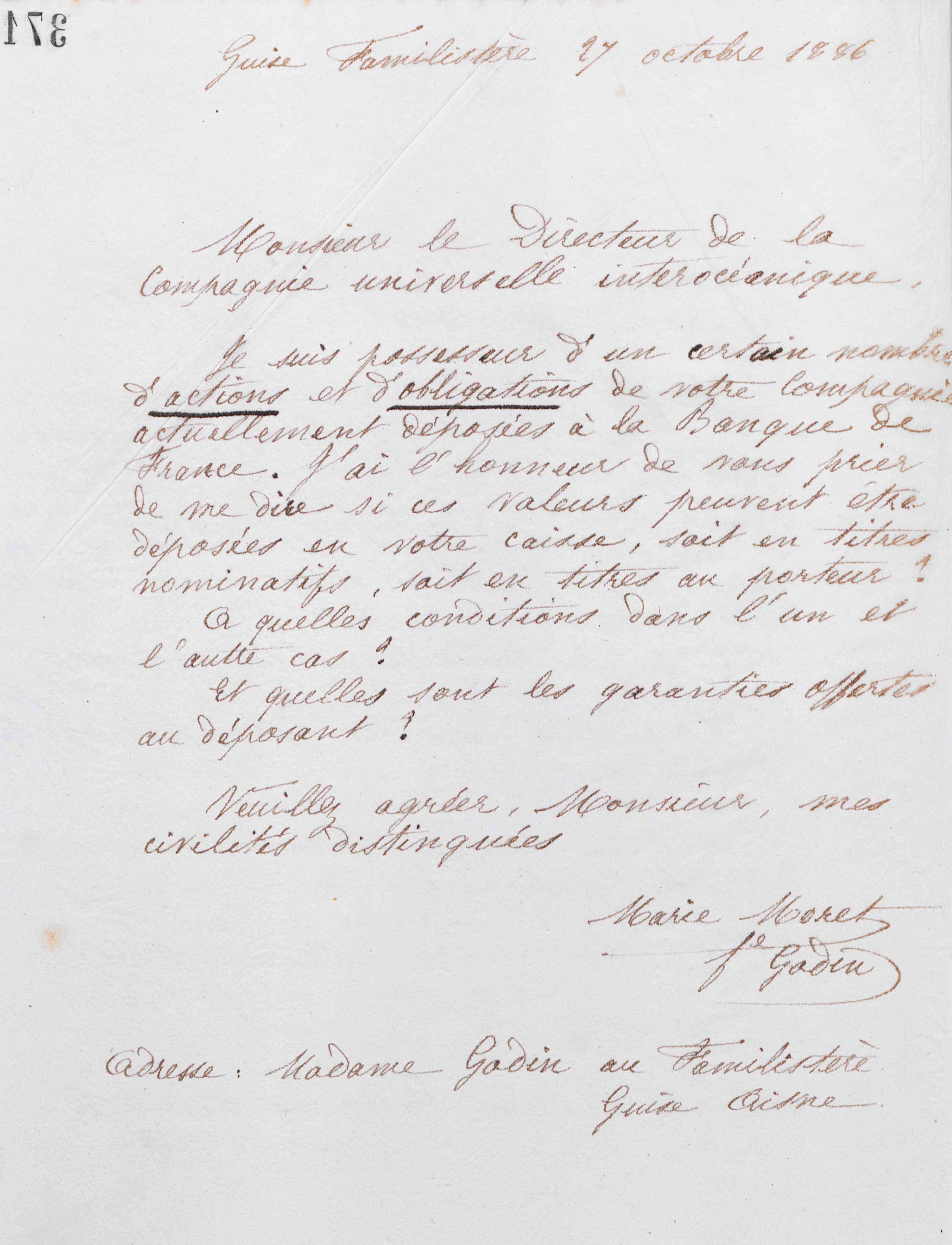 Marie Moret au directeur de la Compagnie universelle interocéanique, 27 octobre 1886