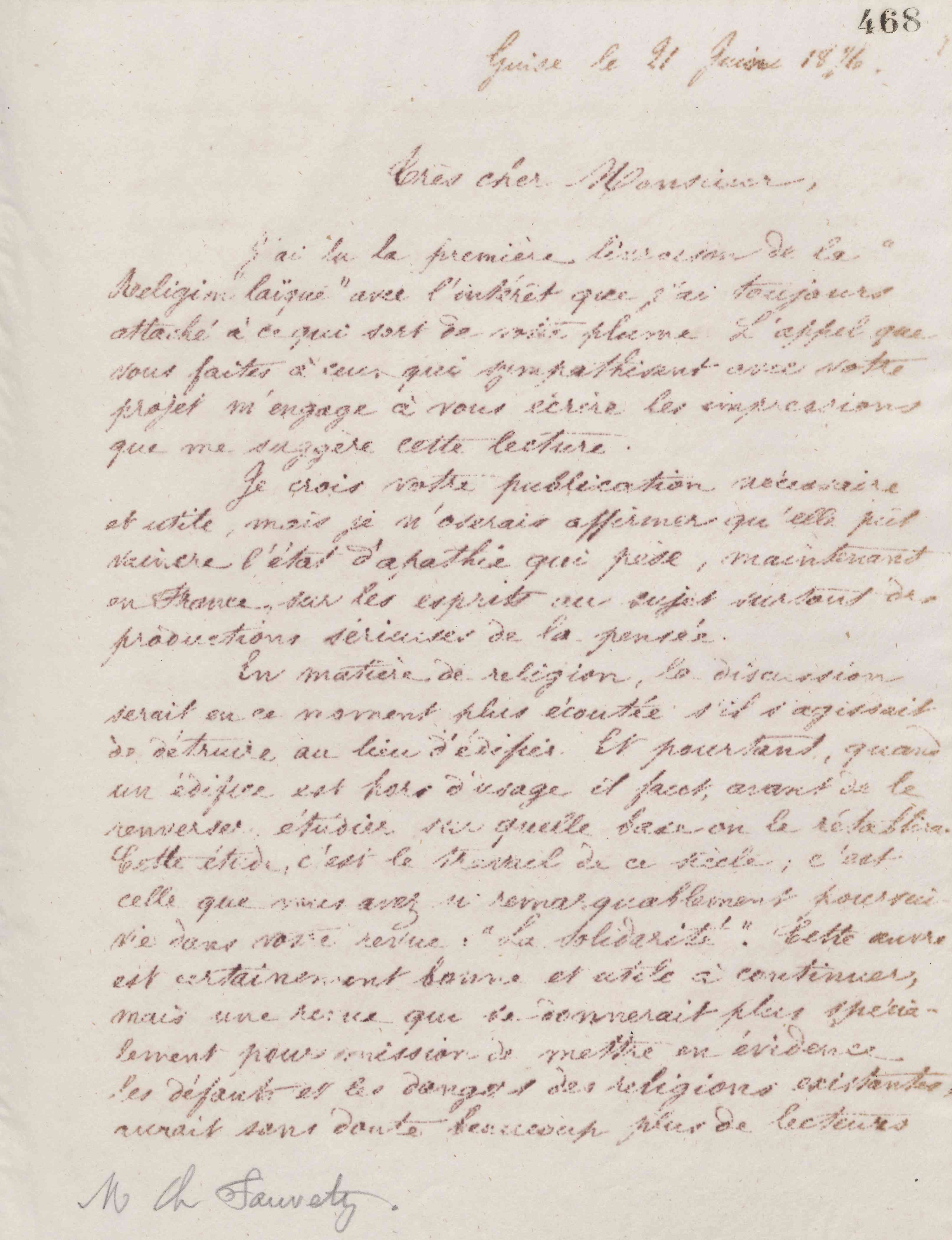 Jean-Baptiste André Godin à Charles Fauvety, 21 juin 1876 Jean-Baptiste André Godin à Charles Fauvety, 21 juin 1876