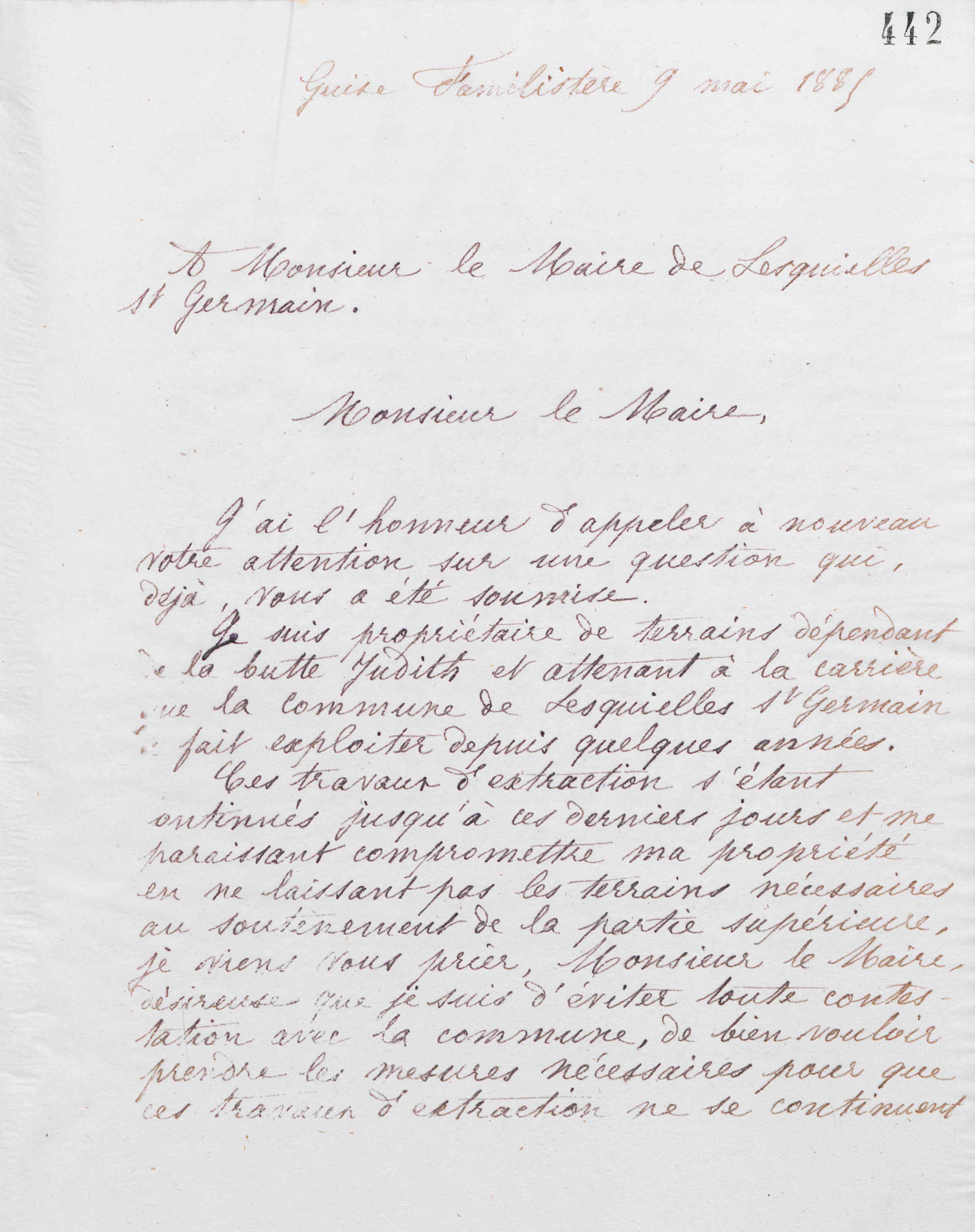 Marie Moret au maire de Lesquielles-Saint-Germain, 9 mai 1885