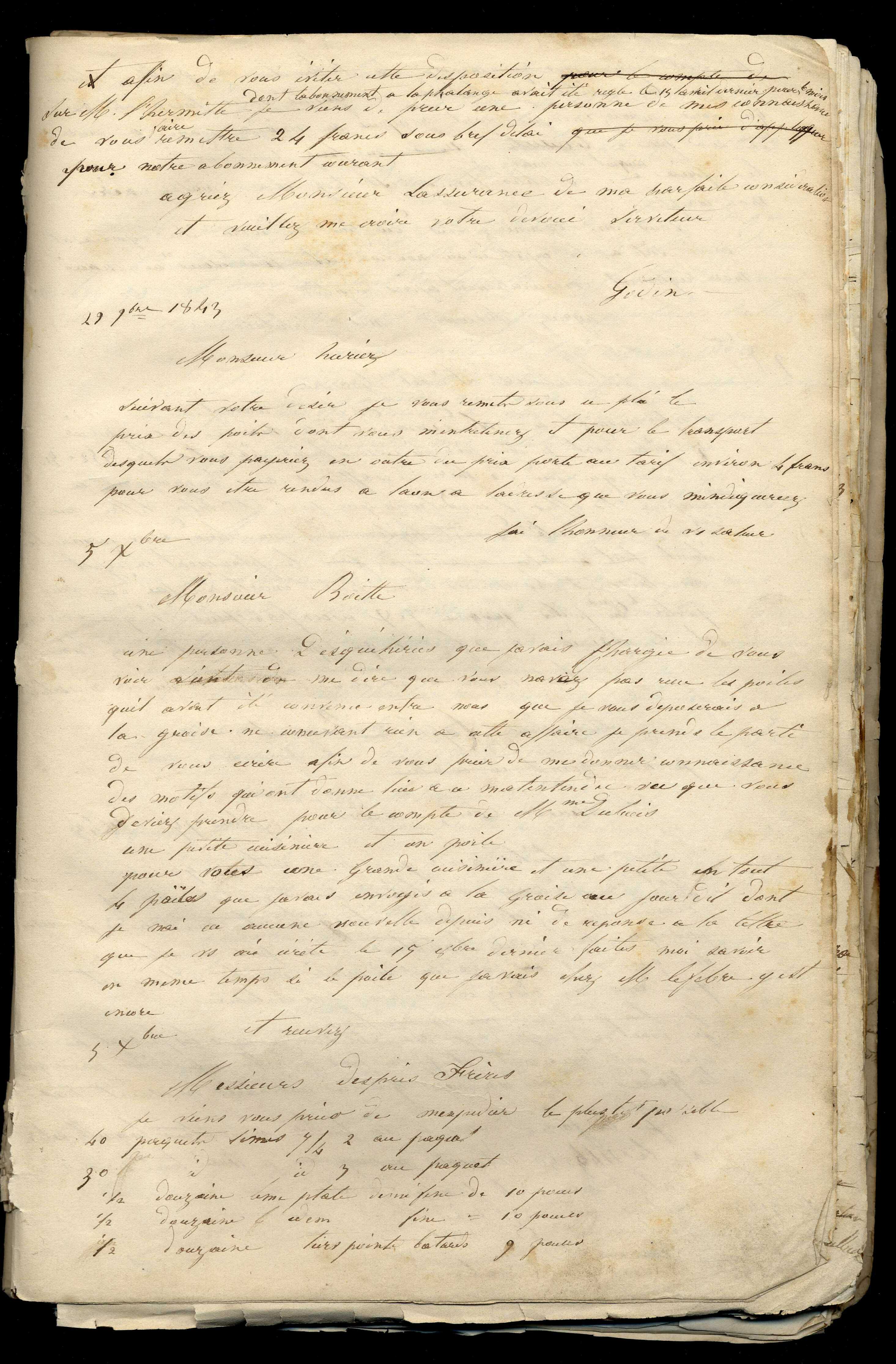 Jean-Baptiste André Godin aux gérants et directeurs de La Démocratie pacifique, 29 novembre 1843